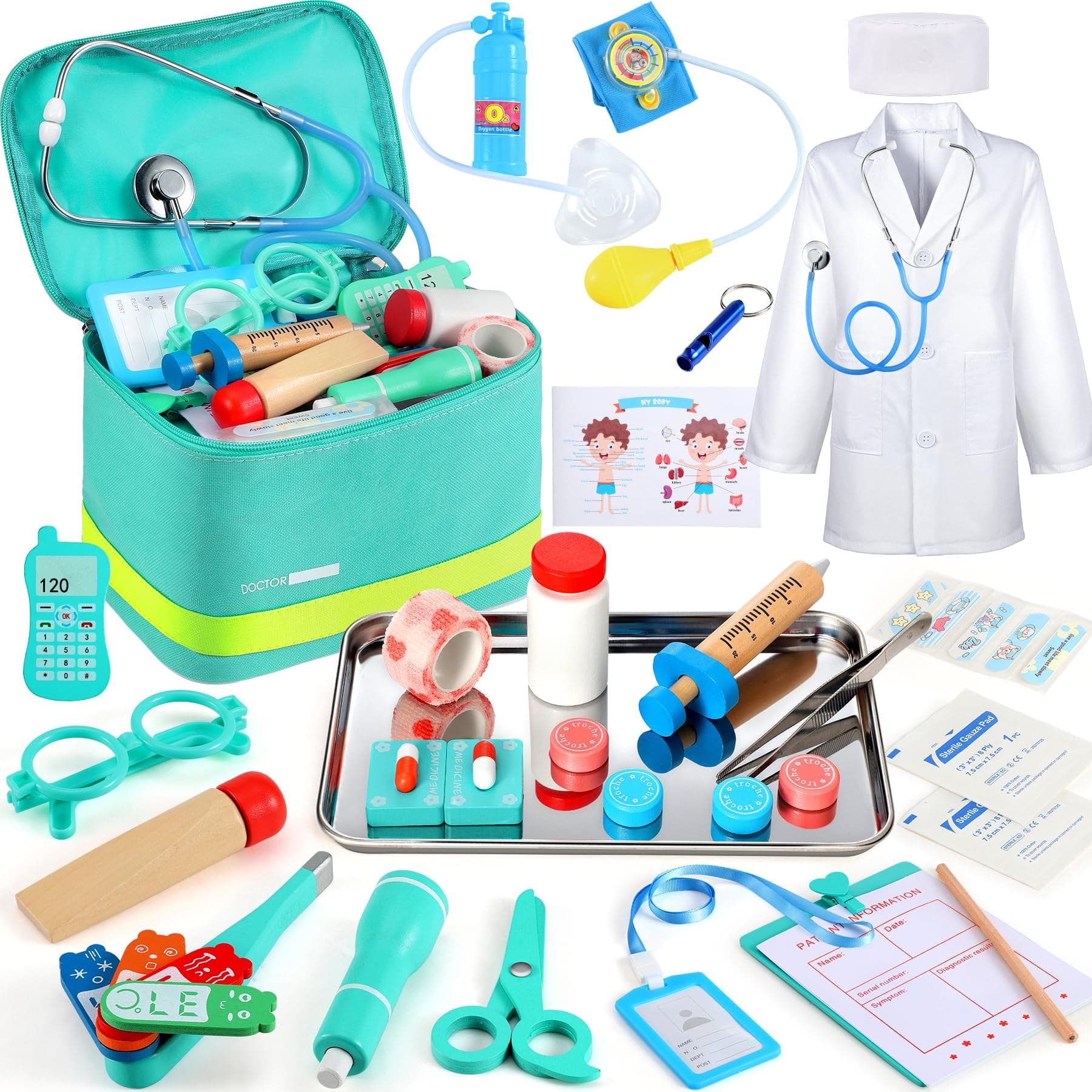 Perbabe Maletín Médico de Madera con Estetoscopio Real, Bata y Gorro - Kit Doctor 32 Piezas - Juguete Educativo de rol para Niños 3 4 5 6 7 8 9 10 Años Regalo para Cumpleaños/Navidad