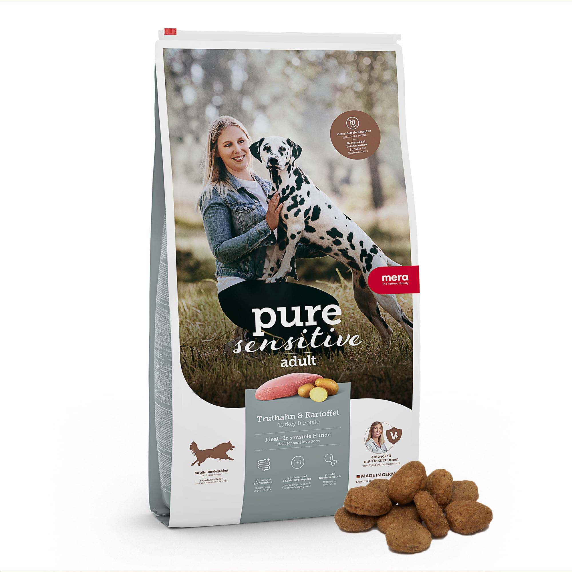 MERA Pure Sensitive Fresh Meat Truthahn & Kartoffeln, Hundefutter trocken mit viel frischem Fleisch, gesundes Trockenfutter getreidefrei für ausgewachsene Hunde (12,5 kg)