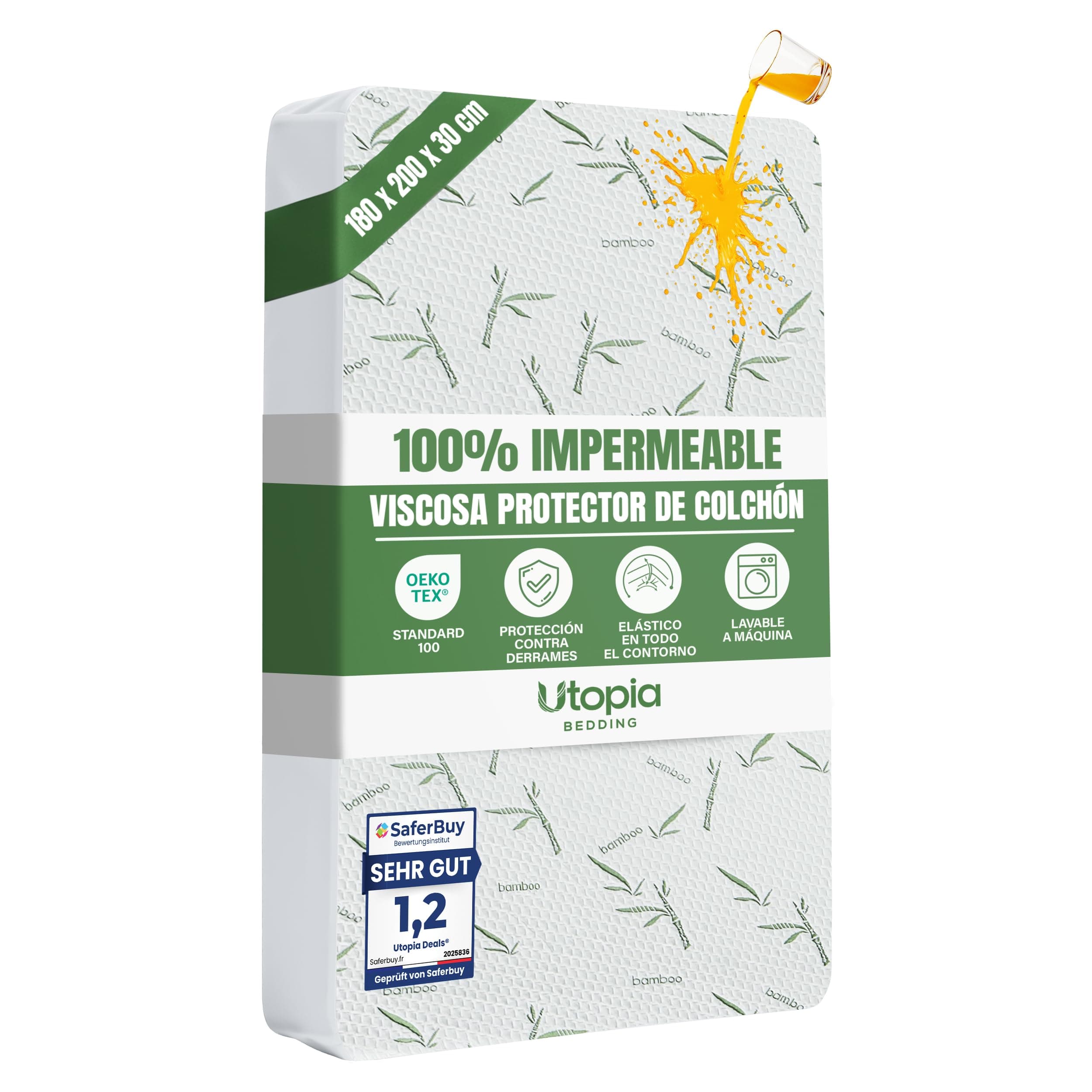 Utopia Bedding Protector de Colchón 180 x 200 x 30 cm Impermeable, Viscosa Premium, Certificación Oeko-Tex, Cubre Colchón Transpirable, Elástico En Todo