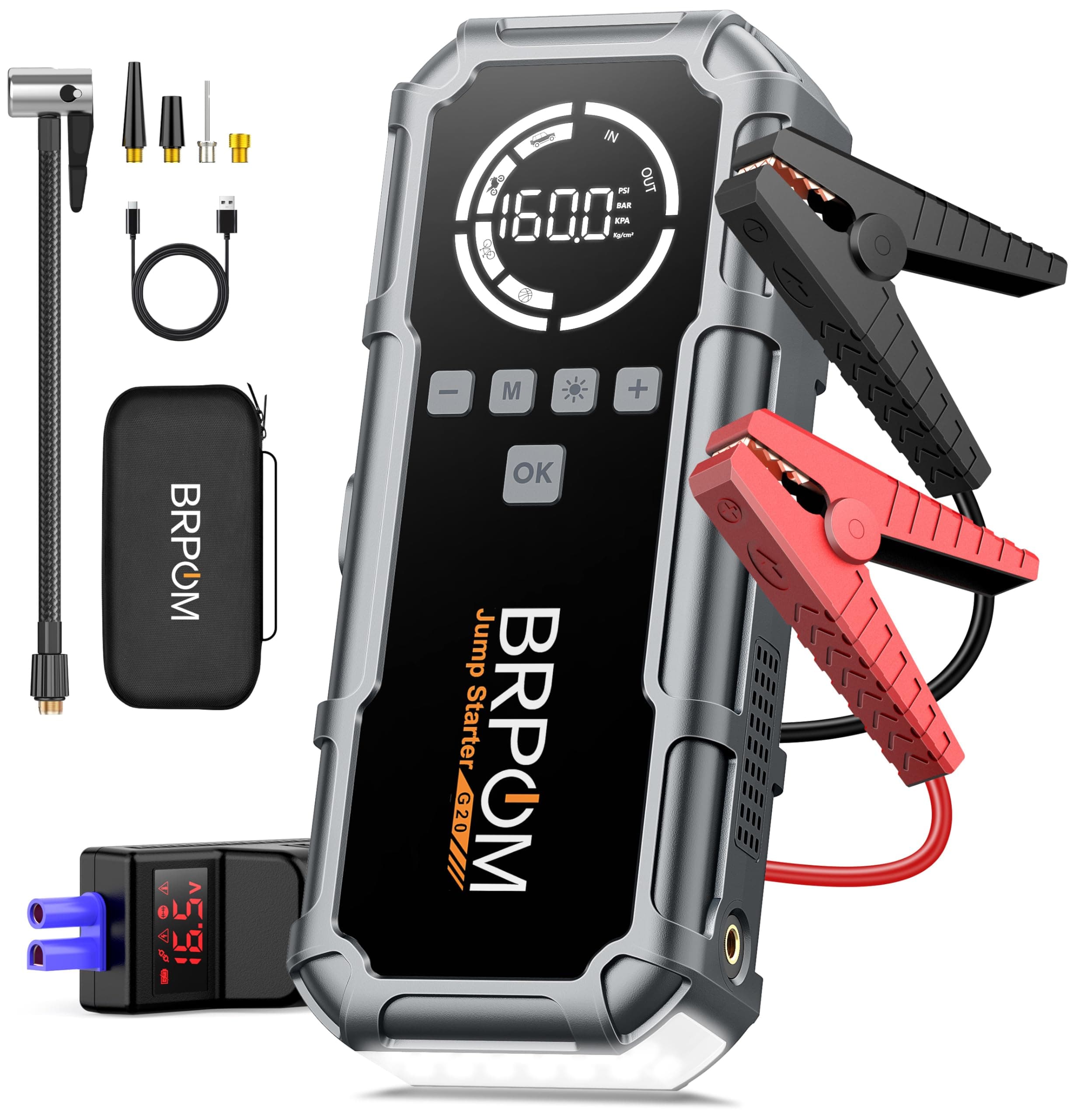 BRPOM Booster Batterie avec Compresseur, 8000A Démarreur Batterie Voiture, 160PSI Gonfleur de Pneus, 12V Jump Starter, Tout Gaz ou 10L Diesel, Écran LCD, Eclairage de Secours, Banque d'alimentation