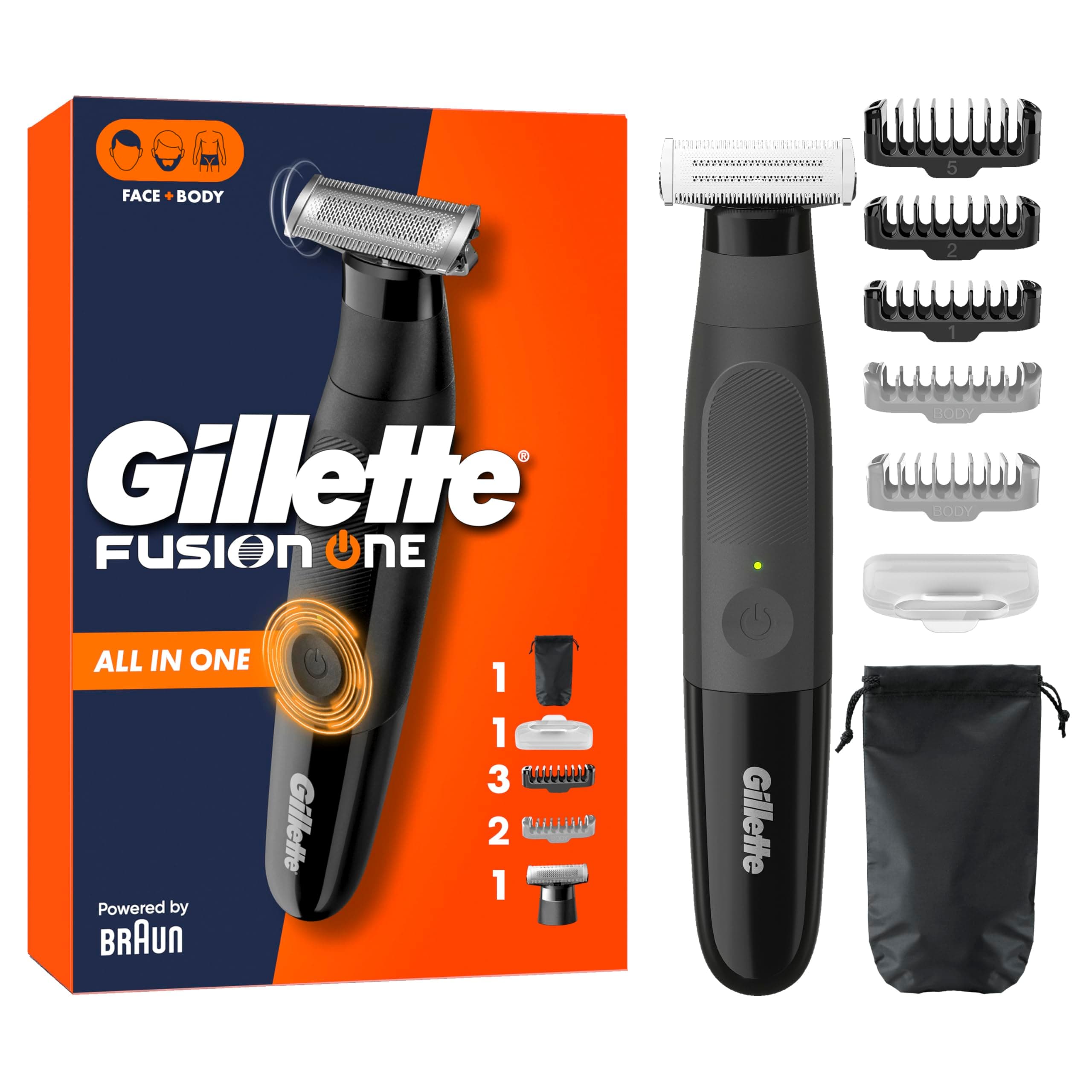 Gillette Fusion One Recortadora De Barba Y Afeitadora Corporal, Barbero Todo En Uno Para Cara Y Cuerpo, Cabezal Pivotante, 4 Peines, Funda, Resistente Al Agua, Inalámbrica, 45 Min De Uso