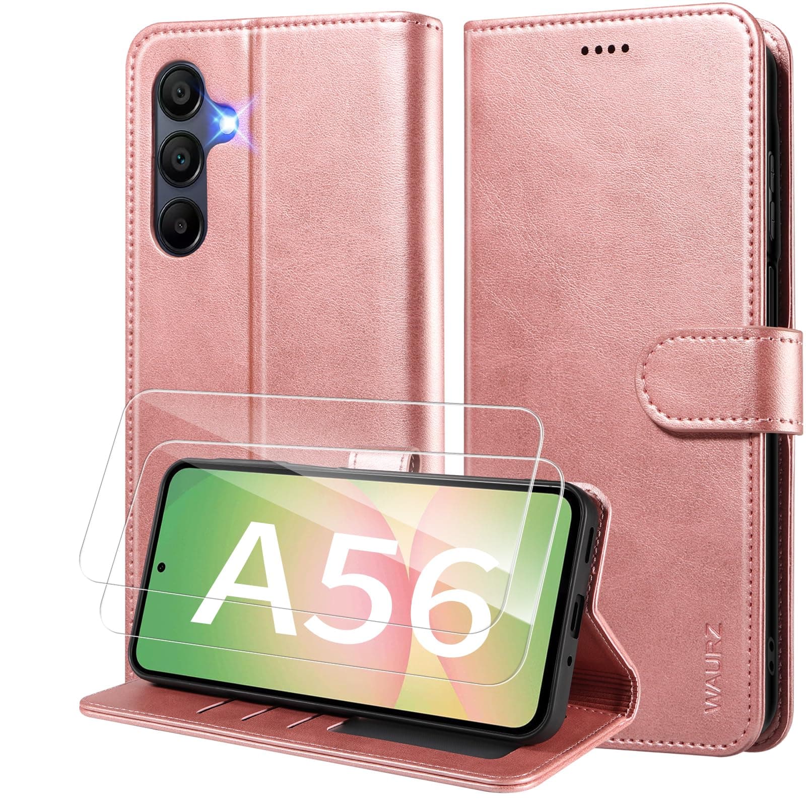 WAURZ Cover per Samsung Galaxy A56 5G Custodia Cover Pelle Libro con 2 Pellicola Vetro Temperato Protezione Schermo Portafoglio Porta Carte Antiurto Cuoio Flip Case Custodia Cover,Oro Rosa