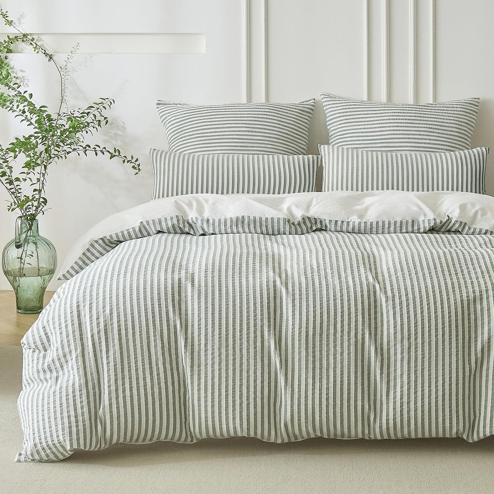 SOULFUL Housse de Couette 220x240 Coton avec 2 Taies d'oreiller 50x70 cm - 100% Coton Lavé - Design Bohème Jacquard Rayures - Vert Sauge Parure de Lit 2 Personnes en Respirable avec Fermeture Éclair