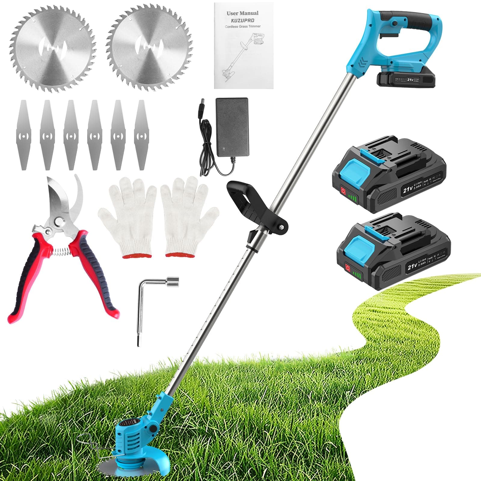 Desbrozadora Bateria 21V, KUZUPRO Desbrozadora Electrica con 2 Baterías 2.0Ah, 2 Tipos Cuchillas Cortabordes Bateria, Tijeras de Podar, Desbrozadora Inalámbrica Cabeza Ajustable para Jardín Poda