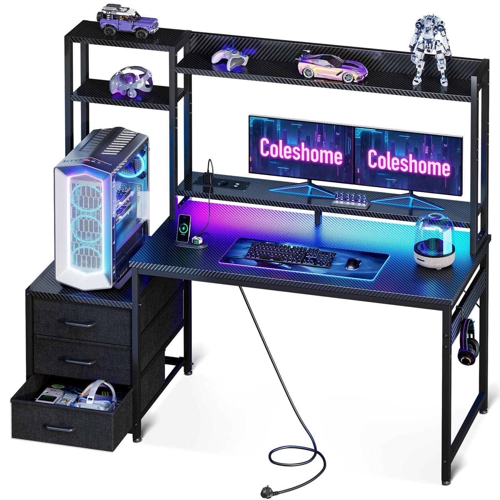 Coleshome Scrivania Gaming con Libreria e Cassetti, 120×48cm Tavolo Gaming con Illuminazione LED & Presa di Corrente, Scrivania Computer con Ripiani di Archiviazione, Nero Fibra di Carbonio