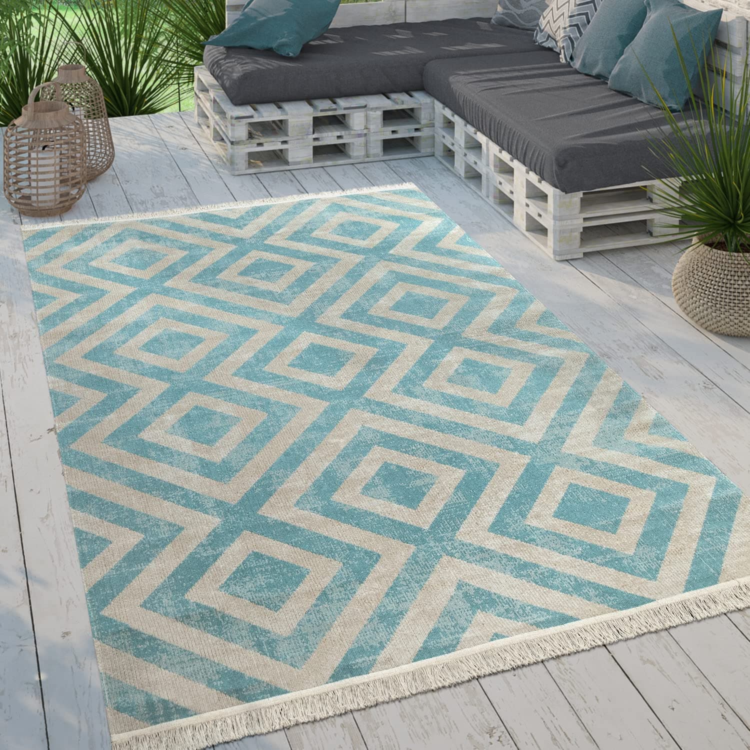 Paco Home Moderner Outdoor Teppich Geometrisches Rauten-Muster im Vintage-Look Flachgewebe Wetterfest & Pflegeleicht für Garten, Terrasse & Balkon, Grösse:200x280 cm, Farbe:Blau-Weiß