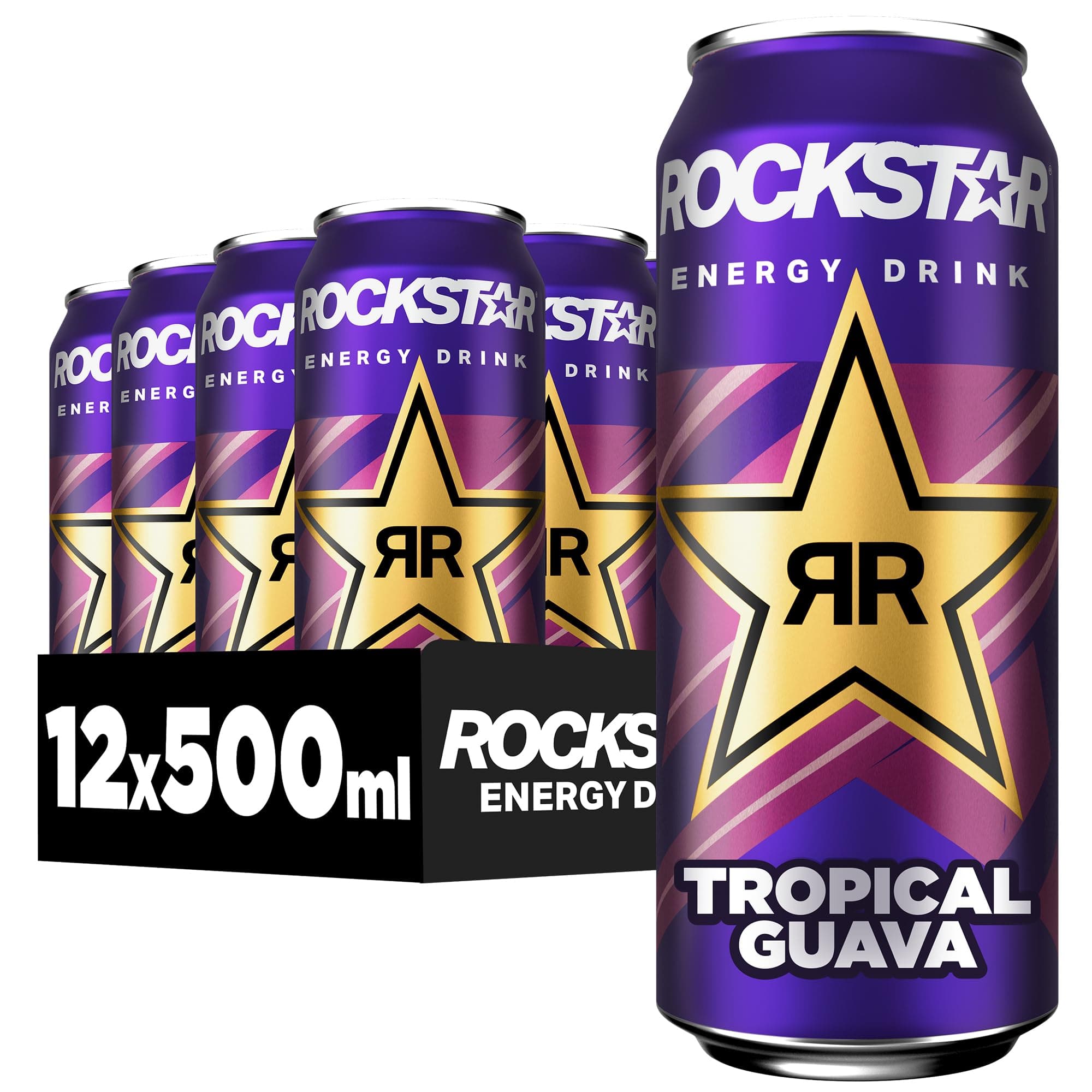 Rockstar Energy Drink Tropical Guava Geschmack - Koffeinhaltiges Erfrischungsgetränk für den Energie Kick, EINWEG (12 x 500ml) (Verpackungsdesign kann abweichen)