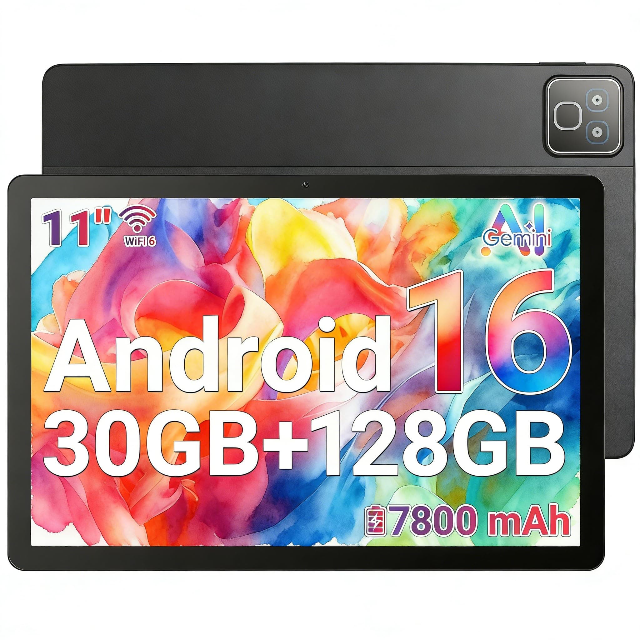 Tableta Android 16, 30GB + 128GB (ampliable a 1 TB), tableta de 11 pulgadas con Bluetooth 5.3, WiFi 6, cámara dual, 5 núcleos, 5MP + 8MP, 7800 mAh, tabletas con modo teclado, luces arcoíris(negro)