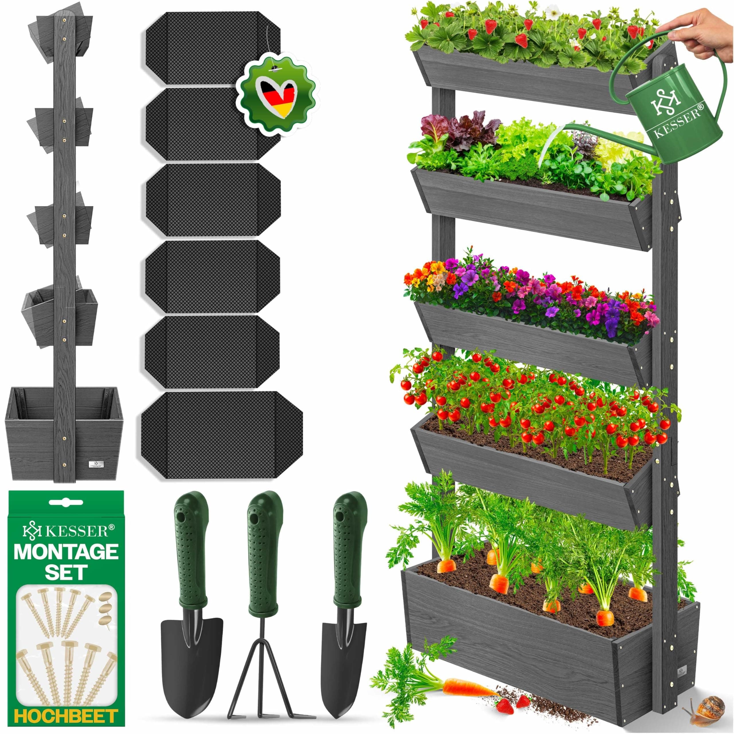 KESSER® Hochbeet mit 5 Etagen Premium Blumenkasten Blumentreppe Pflanztreppe Gemüsebeet Kräuterbeet Pflanzkübel Frühbeet Blumenbeet Pflanzkasten mit Gartenvlies - Beet inkl. Schaufelset, Anthrazit