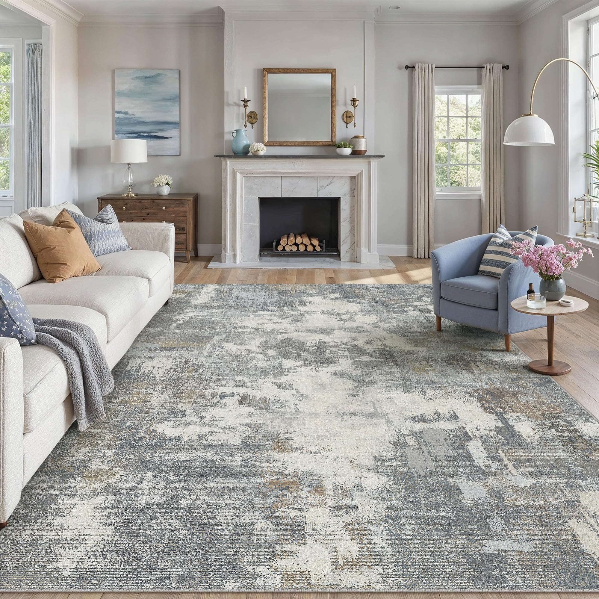 PureCozy Tappeto Salotto Moderno Astratto 200x300 cm Tappeti Grande Camera Da Letto, Tappeto Vintage Corridoio Antiscivolo Lavabile Pelo Corto per Soggiorno,Cucina, Ufficio, Interno,Blu&Grigio