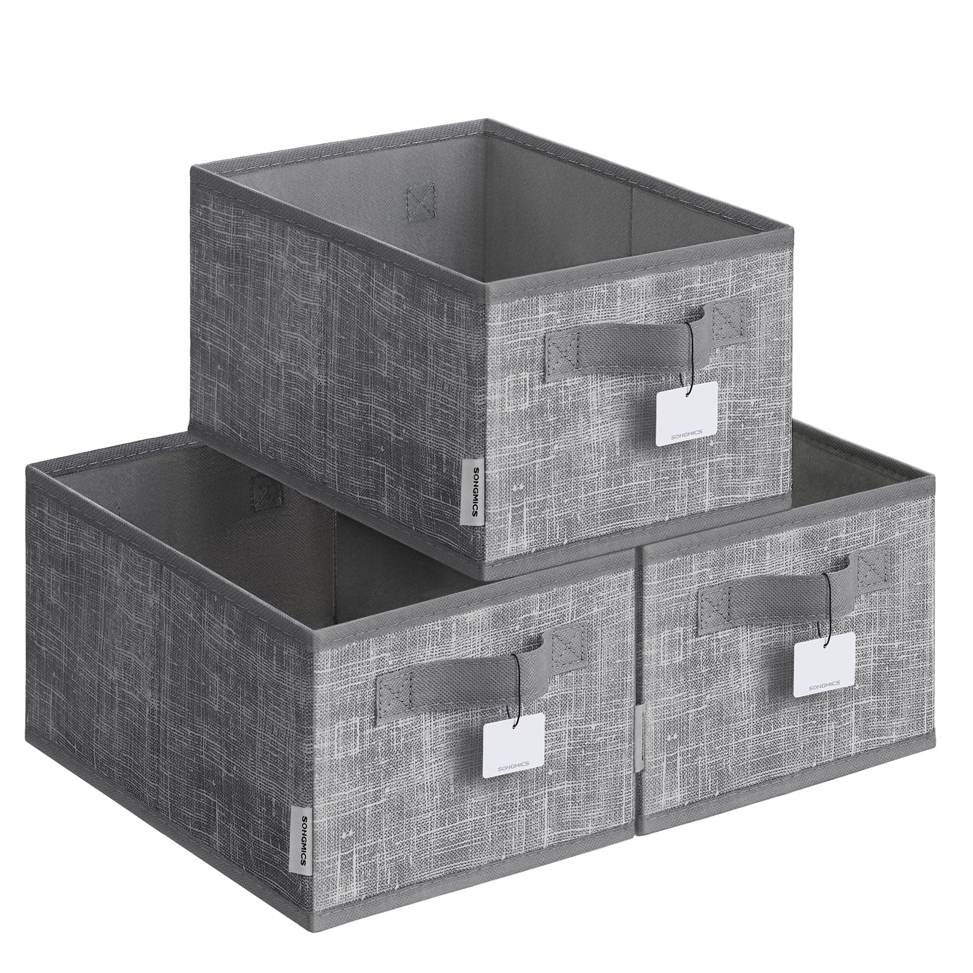 SONGMICS Aufbewahrungsbox 3er Set, zusammenklappbar, Stoffboxen aufbewahren, 30 x 20 x 15 cm, für Kleiderschrank, 2 Griffe, Etikette, für Schlafzimmer Wohnzimmer, schilfgrau ROB415G01