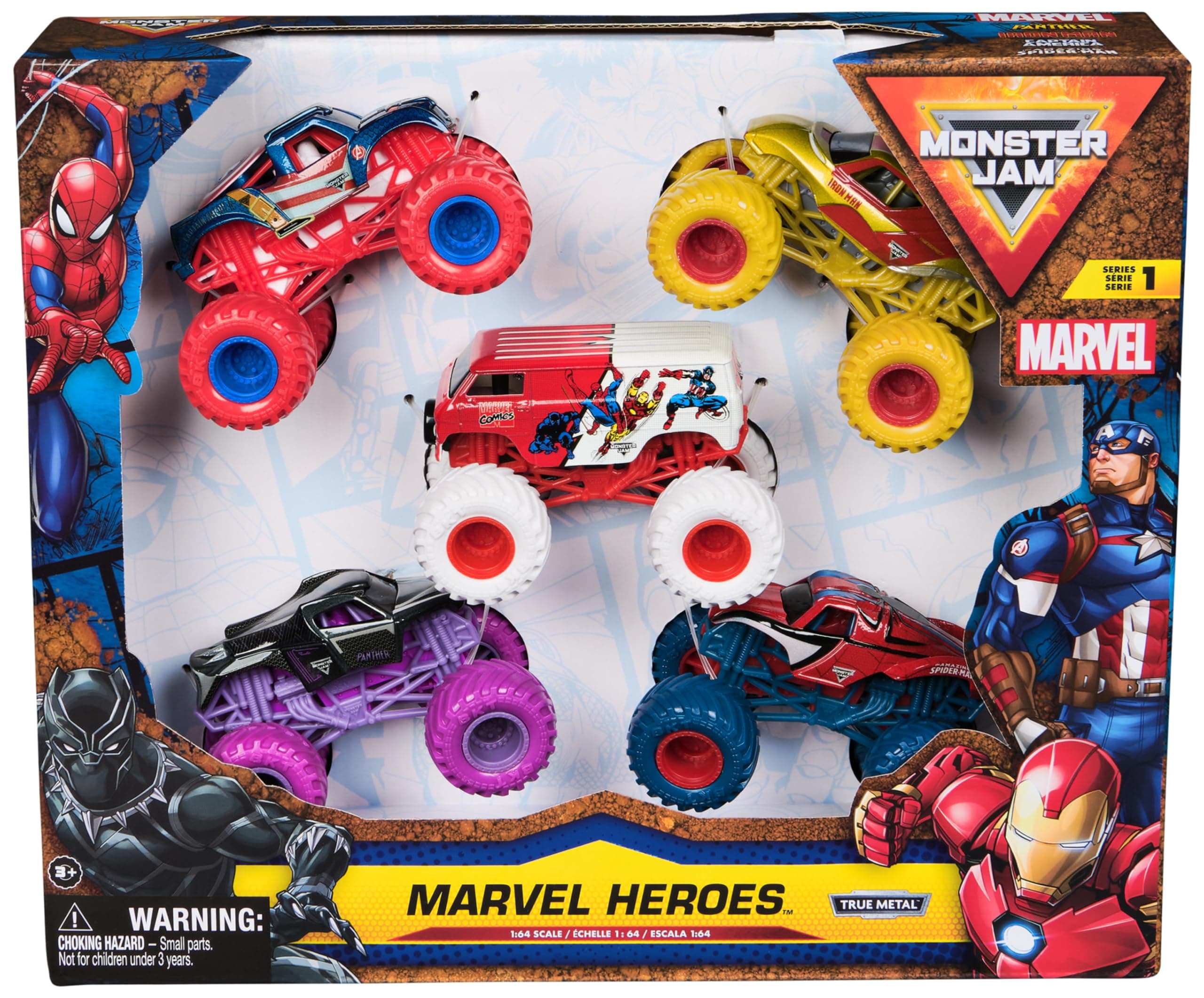 Monster Jam - 5 Véhicules Die-Cast 1:64 Marvel - 5 Véhicules Authentiques Monster Trucks Officiels À Collectionner Echelle 1:64 - Jouet Enfant 3 Ans et +