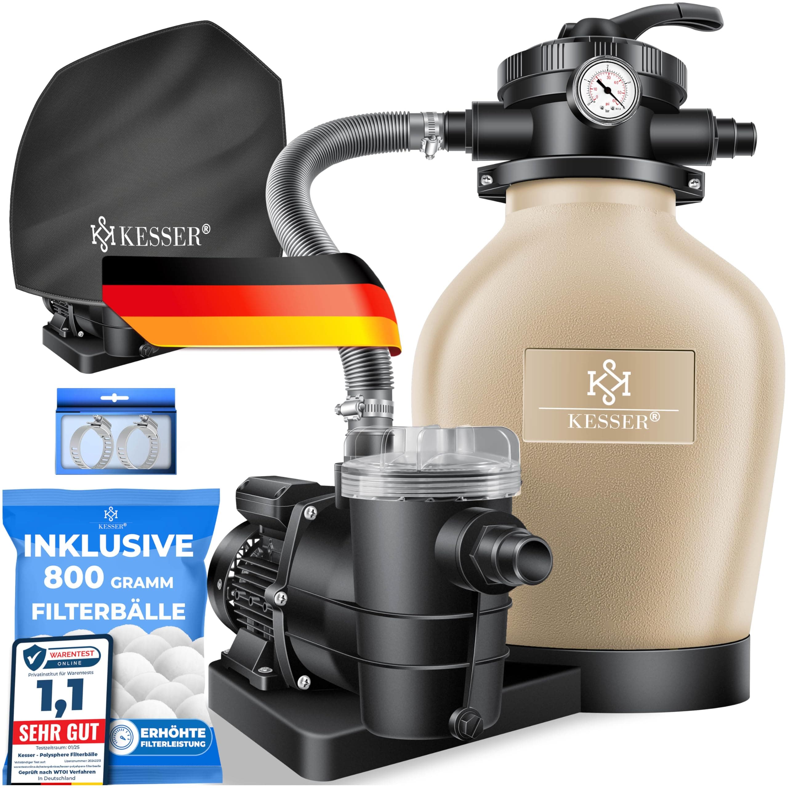 KESSER® Sandfilteranlage für Pool bis zu 60.000L, 10.200 L/h, 400W Pumpe, 20L Tank, 7-Wege-Ventil mit Druckanzeige mit 700g Filterbälle, Poolfilter 10 m³/h mit Adapter Ø32–38mm & Wettercover, Sand