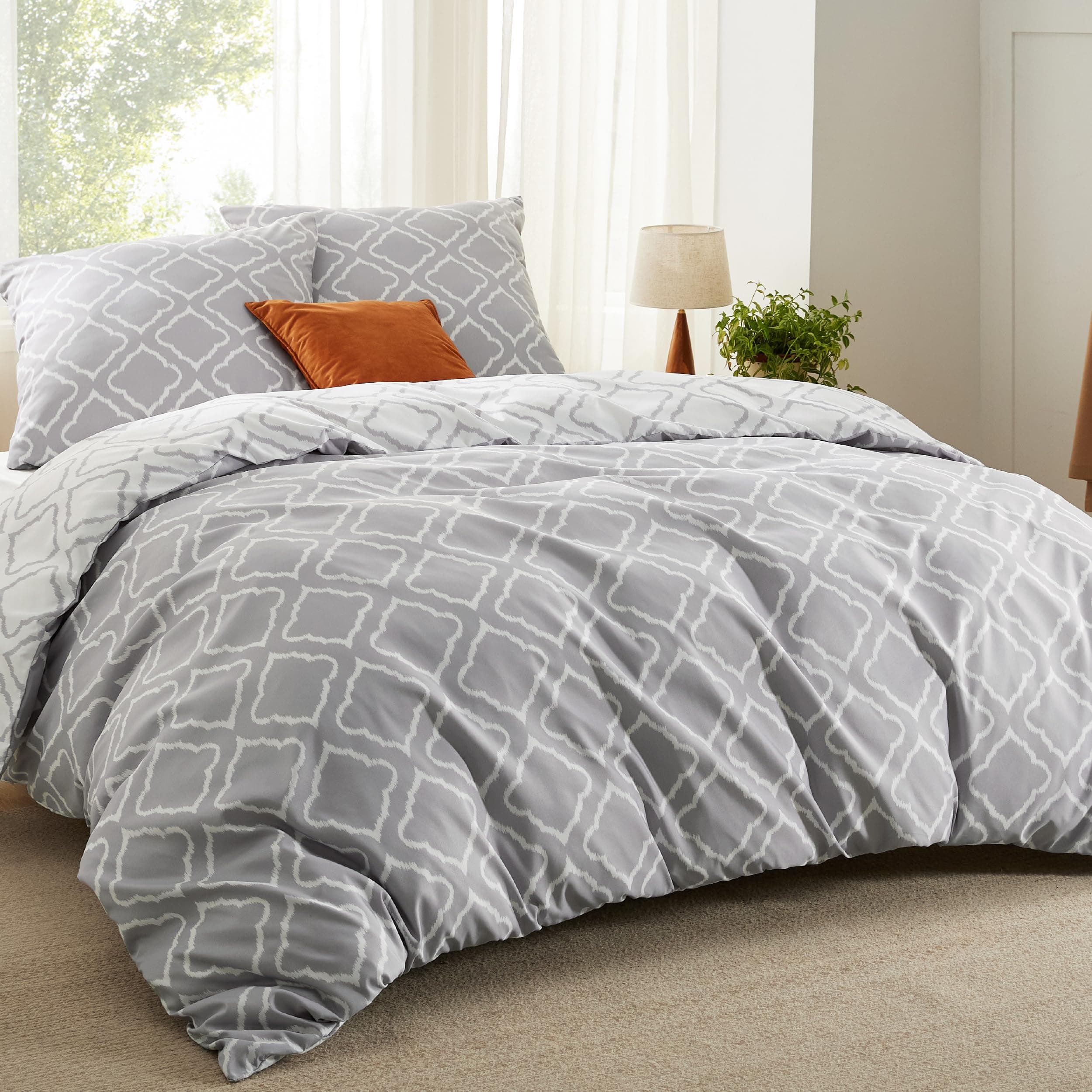 BEDSURE Bettwäsche 155x220 3teilig Bettbezug - Bettwäsche-Sets 155 x 220 cm mit 2 Kissenbezüge 80x80 cm, ÖKO-TEX Wendebettwäsche Bedding Gitter Grau Muster für Einzelbett mit Reißverschluss