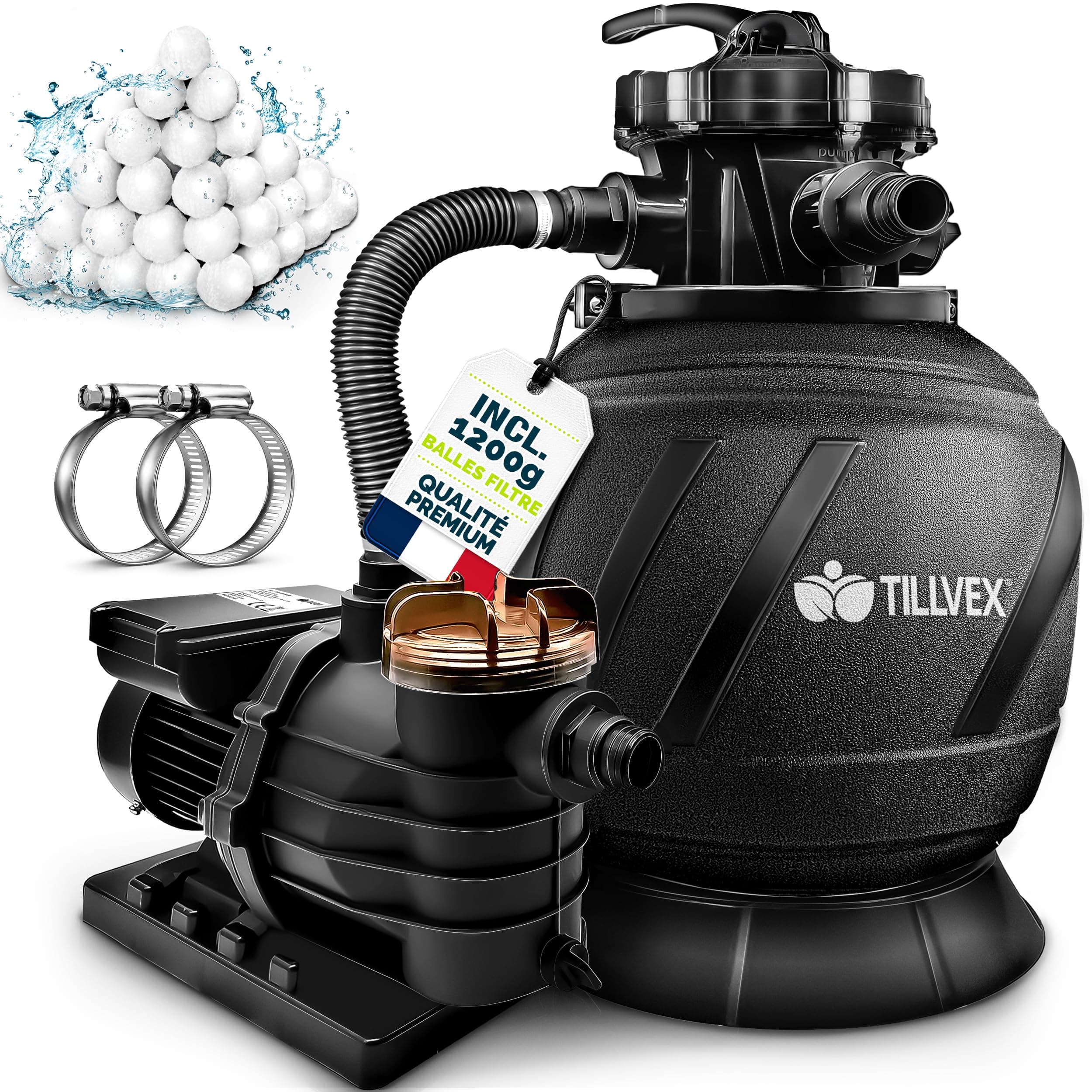 tillvex® Système de Filtre à Sable 13 200L/h jusqu'à 40 000L + 1200g Boules Filtre | 7 Fonctions & Adaptateur 2en1 Ø32-38mm | Filtre piscine & indicateur de pression (AquaBlack Pro, Classic)