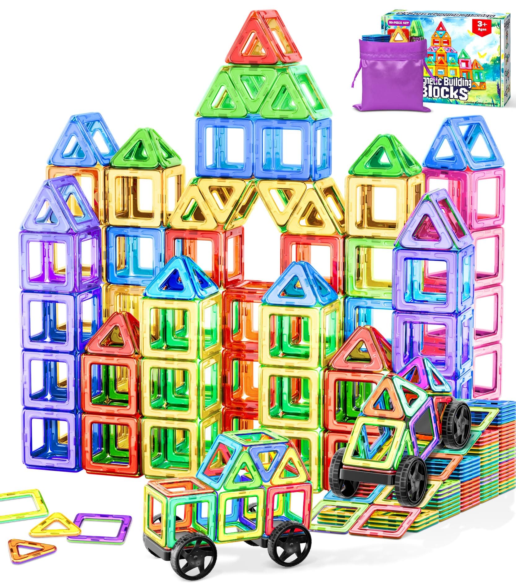 Bloques Magneticos Construccion Niños, Construcciones Magneticas Bloques de Construcción Magnéticos, Educativo Montessori Juguetes Niños 3 4 5 6 7 8 Años, 50 Piezas Magneticas Niños,Regalos de Pascua