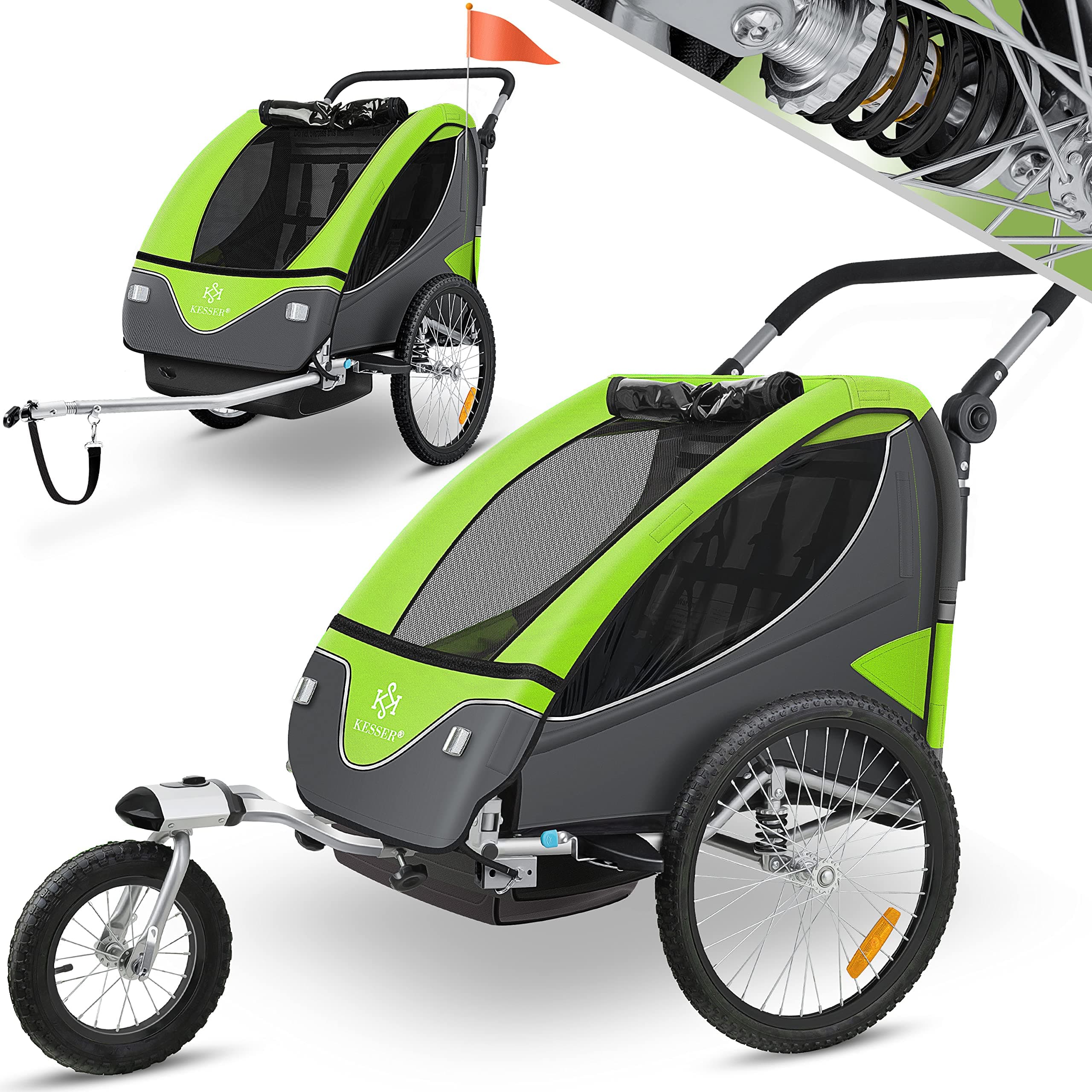 KESSER® Kinderanhänger Fahrradanhänger 360° Drehbar mit Federung 2in1 Joggerfunktion Kinderfahrradanhänger + 5-Punkt Gurt Jogger Fahrrad Anhänger für 1 bis 2 Kinder max. 40kg Inkl. Warnfahne Hellgrün