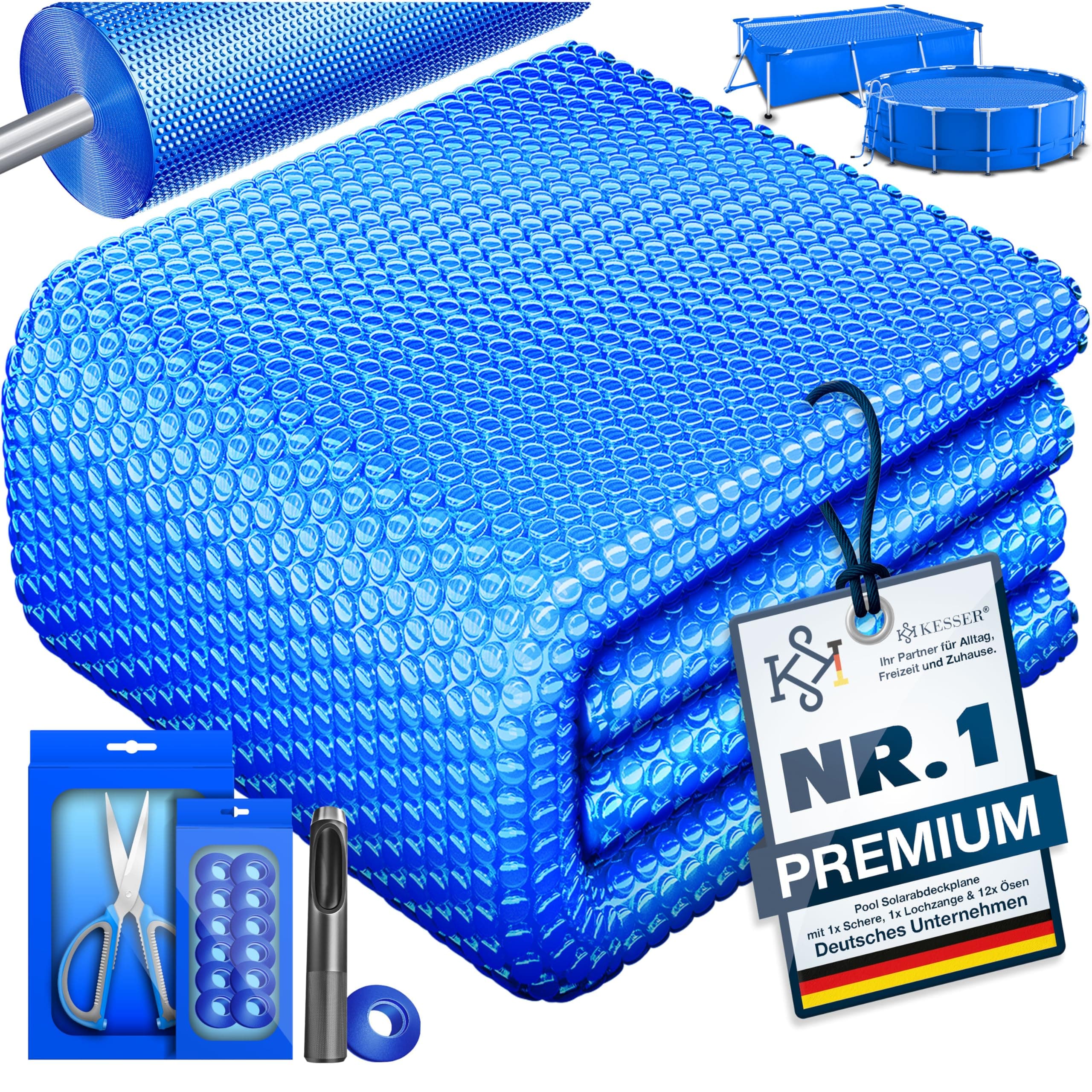 KESSER® Pool Solarabdeckplane Rechteckig 600 x 400cm Solarfolie 120 µm Solarabdeckung Solarplane zuschneidbar, Poolheizung Wassererwärmung Wärmeplane, Solarplane mit 1x Schere,1x Lochzange & 12x Ösen