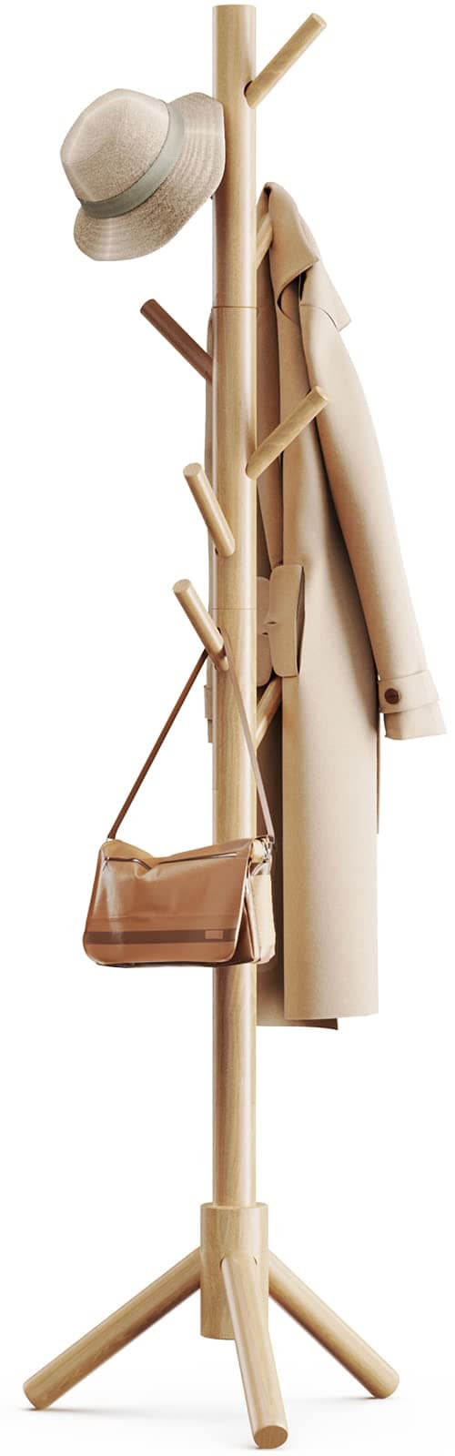 Pipishell Portemanteau en bois robuste, porte-vêtements réglable, portemanteau debout avec 4 sections et 8 crochets, pour la maison/chambre/bureau/couloir/entrée