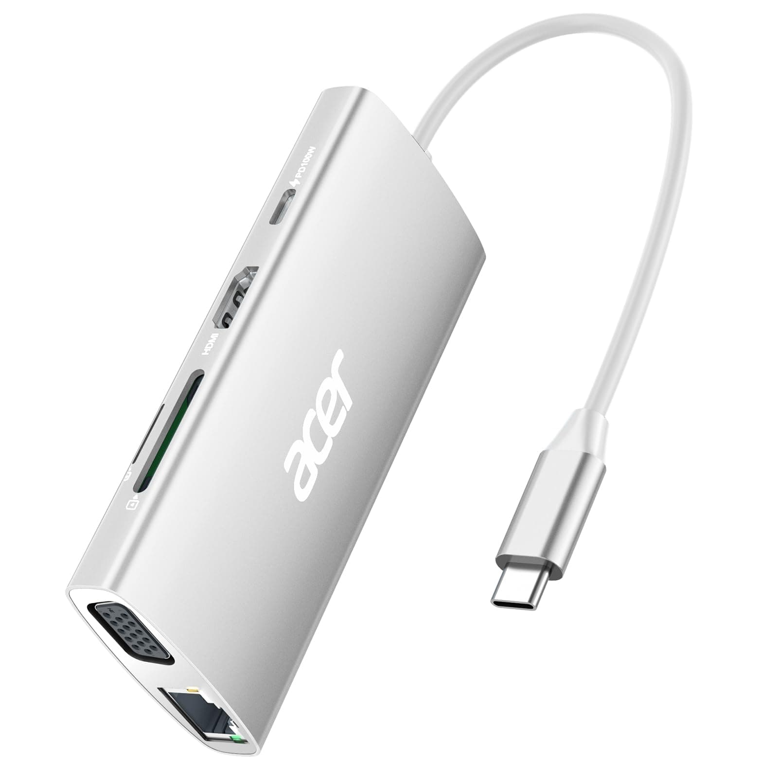 Acer USB-C-Hub mit 4K HDMI, 9-in-1-USB-C-zu-Ethernet-Adapter, 5-Gbps-USB-A-3.1-Dockingstation, PD-100W-Ladung, SD-Kartenleser, USB-zu-VGA-Splitter für MacBook, Acer, Laptops, Surface und mehr (Silber)