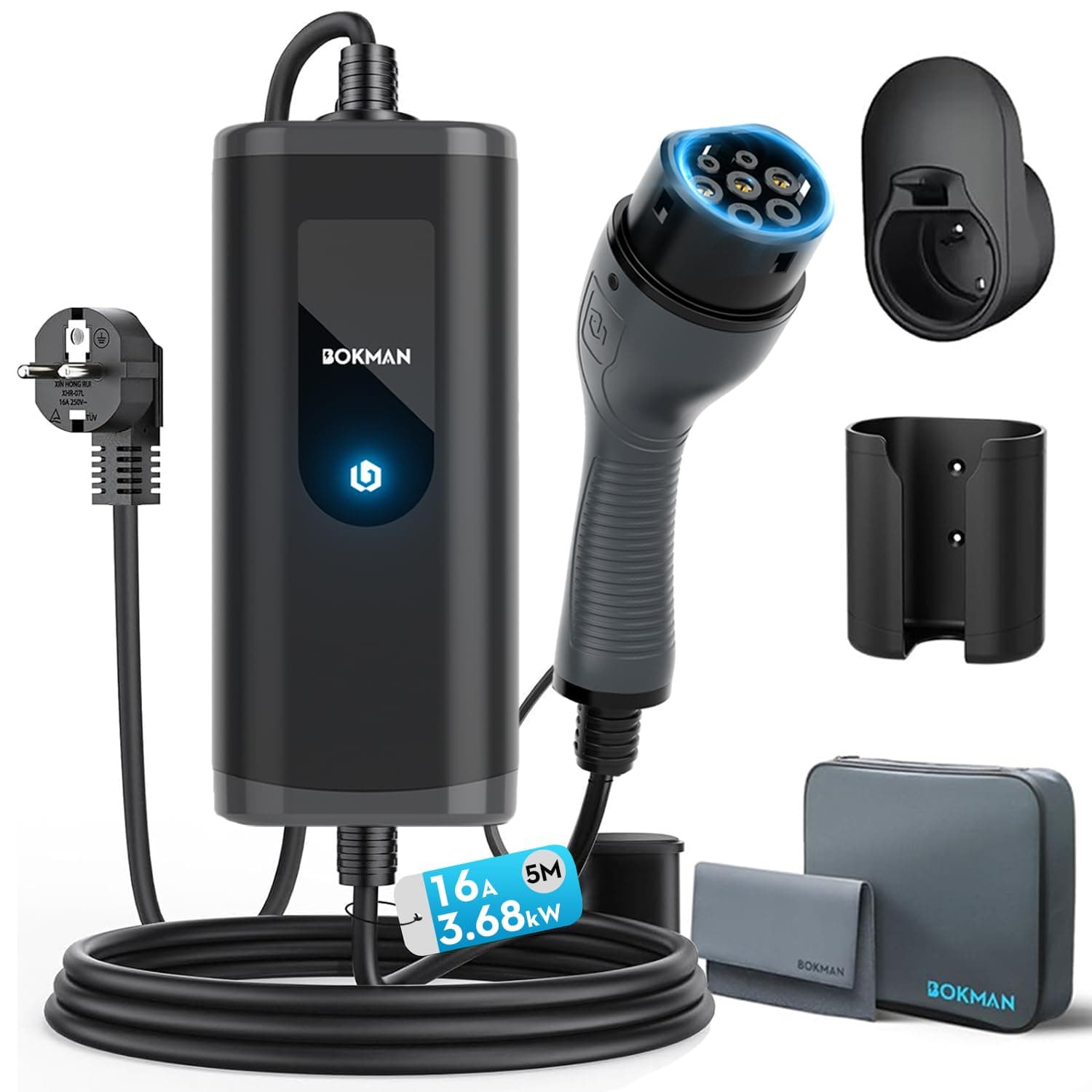 bokman Colonnina Ricarica Auto Elettrica, 5 Metri,16A, 3,68kW Wall Box Tipo 2 Caricabatterie EV con Spina Schuko Compatibile con Model Y/3, 500e, e-208 e Altri EV/PHEV