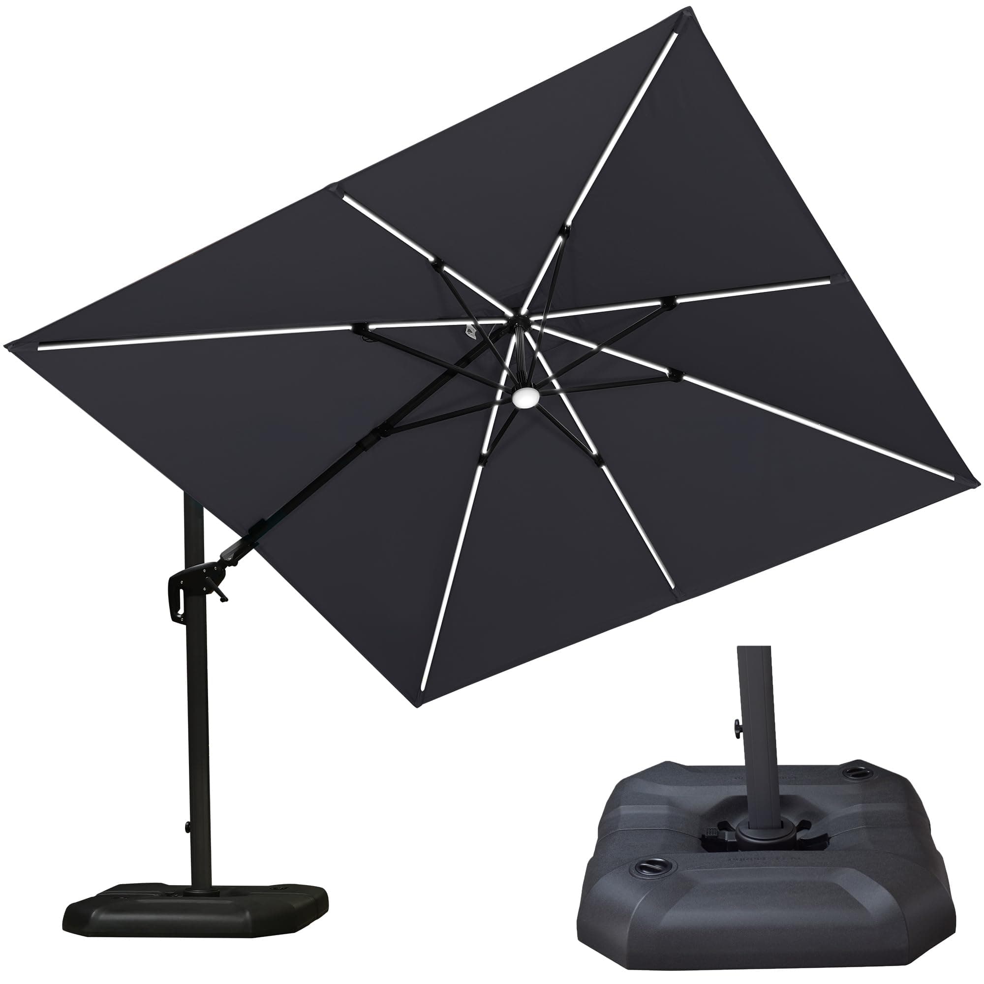 PURPLE LEAF Parasol Déporté LED Solaire 3 x 3 m avec Pied, Parasol de Jardin Extérieur Toile Anti-UV avec Inclinable des Deux Côtés et Rotation à 360° pour Balcon Piscines Terrasse, Gris clair