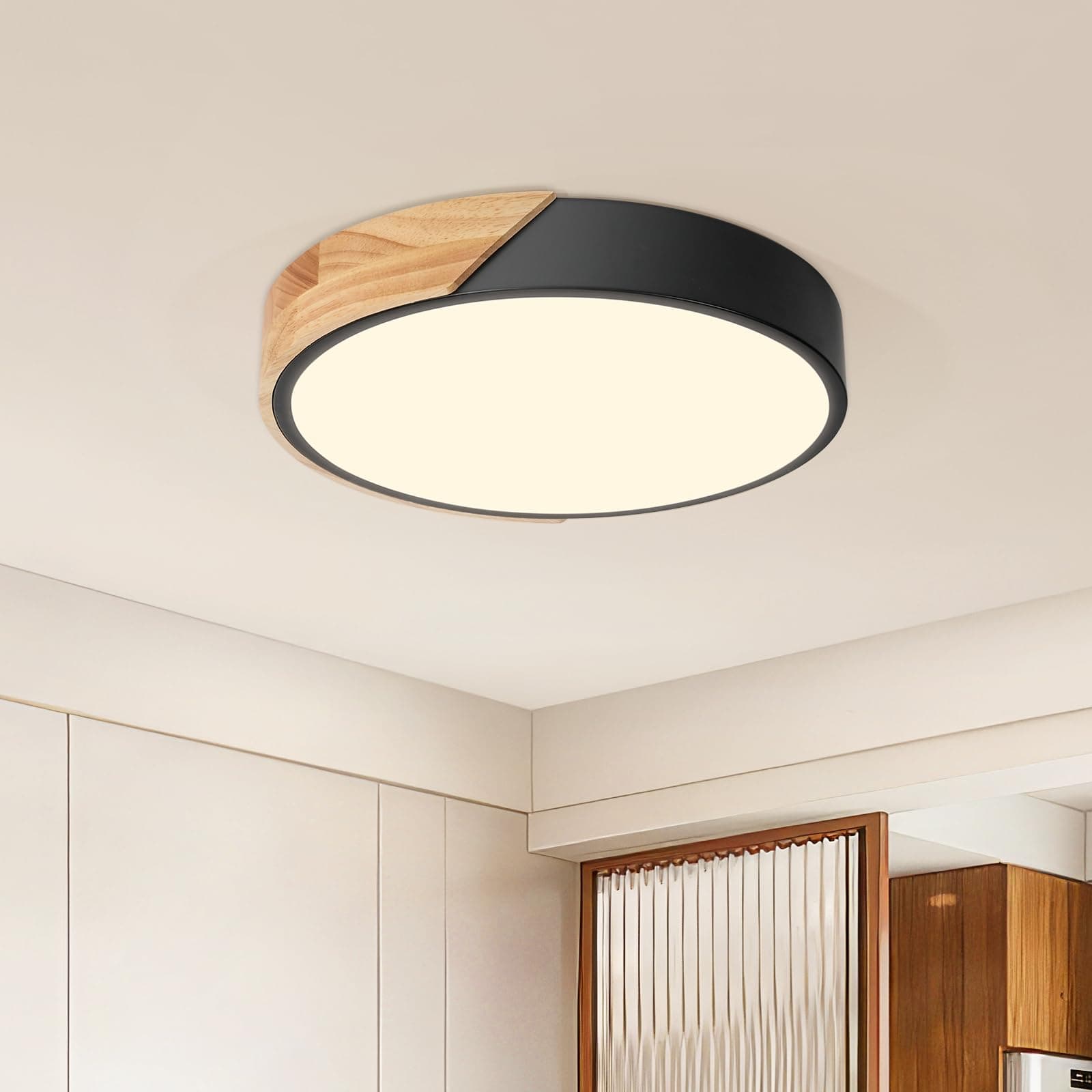 Kambo Plafón LED Redondo de Madera 24W 3000K- Lámpara de Techo Moderna Interior Negro 2400LM Ø30cm, Luz iluminación para Cocina Salón Dormitorio Oficina Pasillo