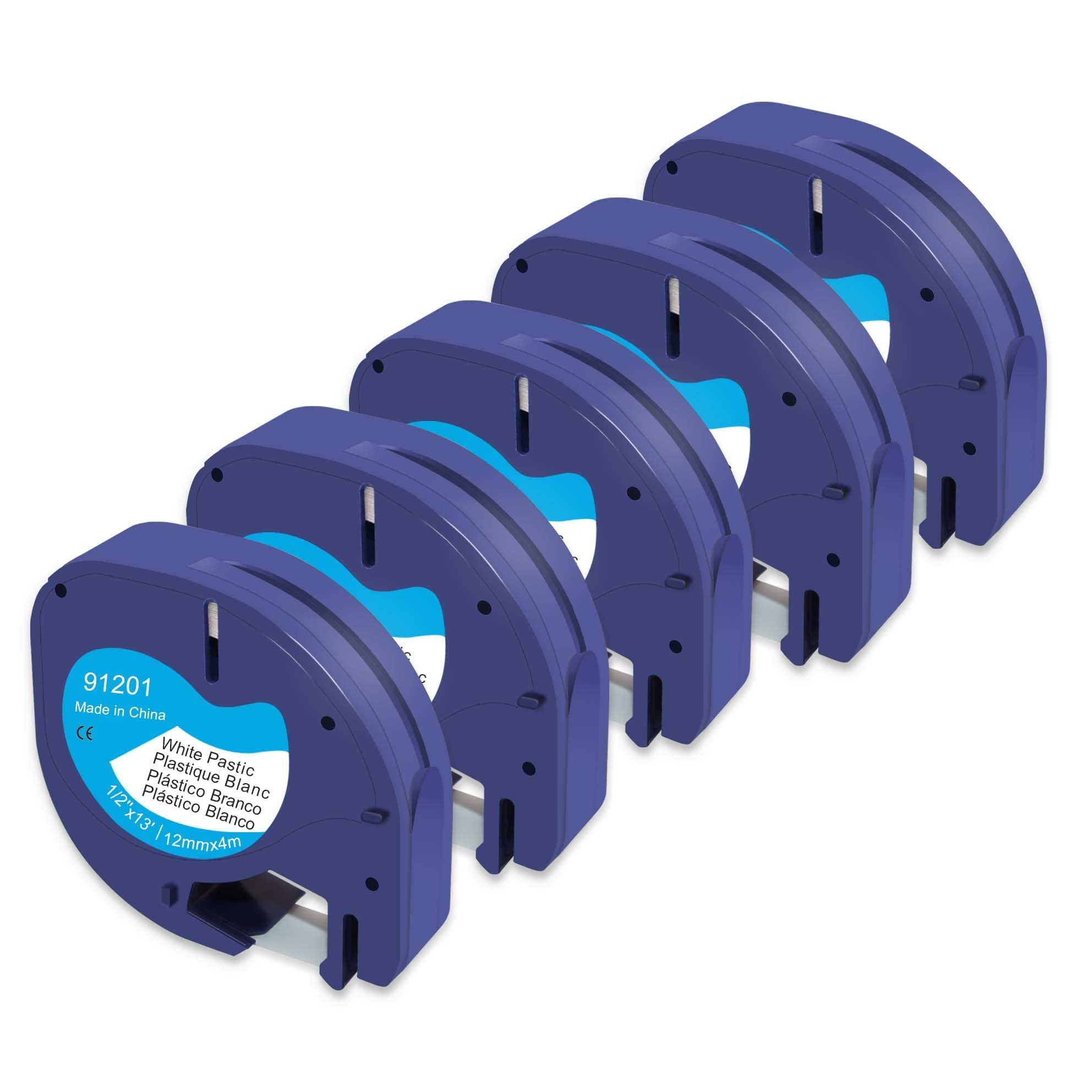 Molabel Lot de 5 rubans compatibles avec Dymo LetraTag 91221 S0721610 91201 – Plastique noir sur blanc 12mm x 4m – Pour LT-100H LT-110T imprimantes étiqueteuses