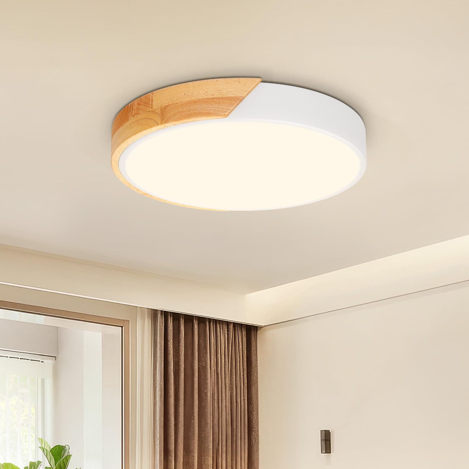Kambo Plafón LED Redondo de Madera 24W 3000K- Lámpara de Techo Moderna Interior Blanco 2400LM Ø30cm, Luz iluminación para Cocina Salón Dormitorio Oficina Pasillo