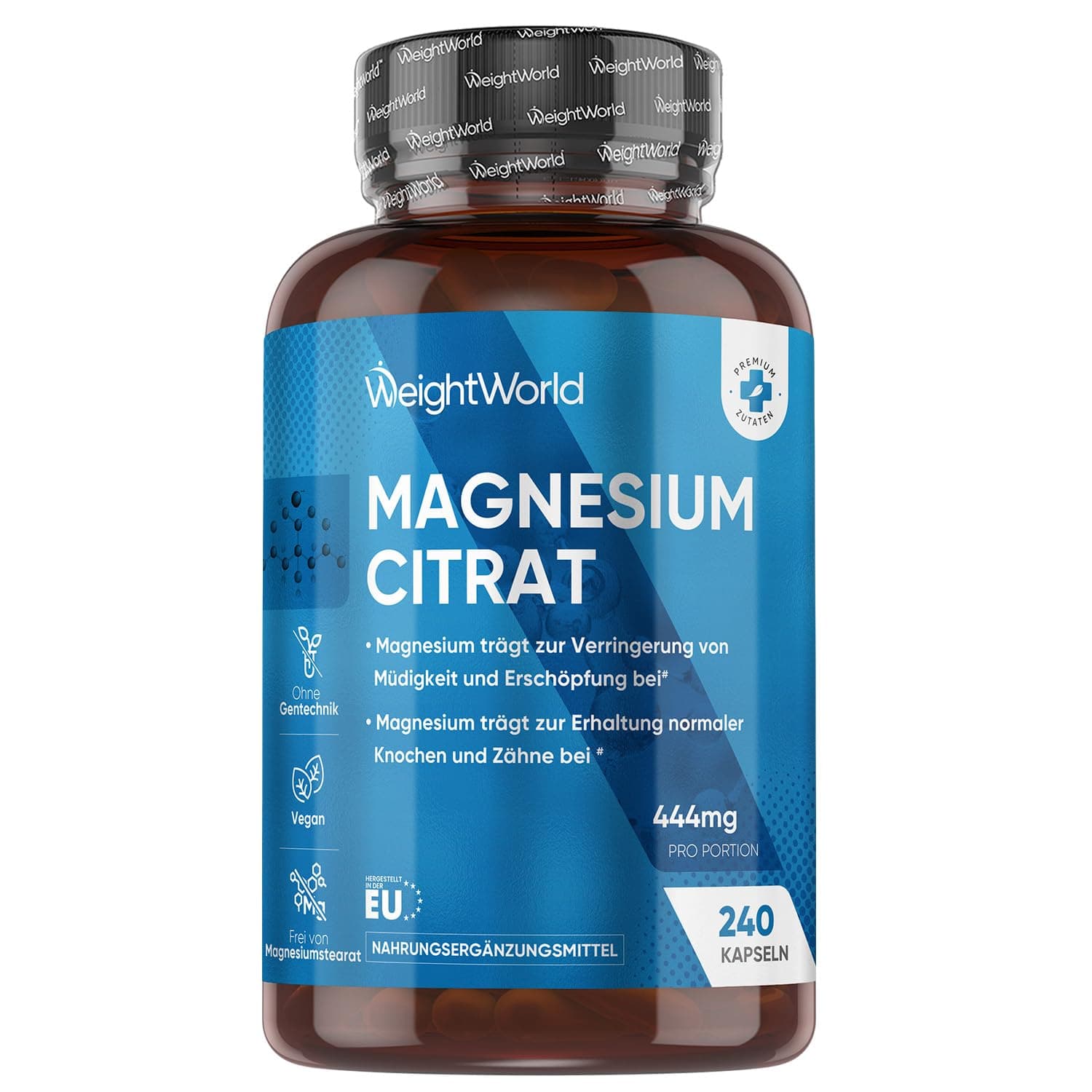 Magnesiumcitrat Kapseln gepuffert - 444mg Elementares Magnesium pro Portion - 240 vegane Kapseln - 4 Monate Vorrat Magnesium trägt zur Verringerung von Müdigkeit & Erschöpfung bei (EFSA) - WeightWorld