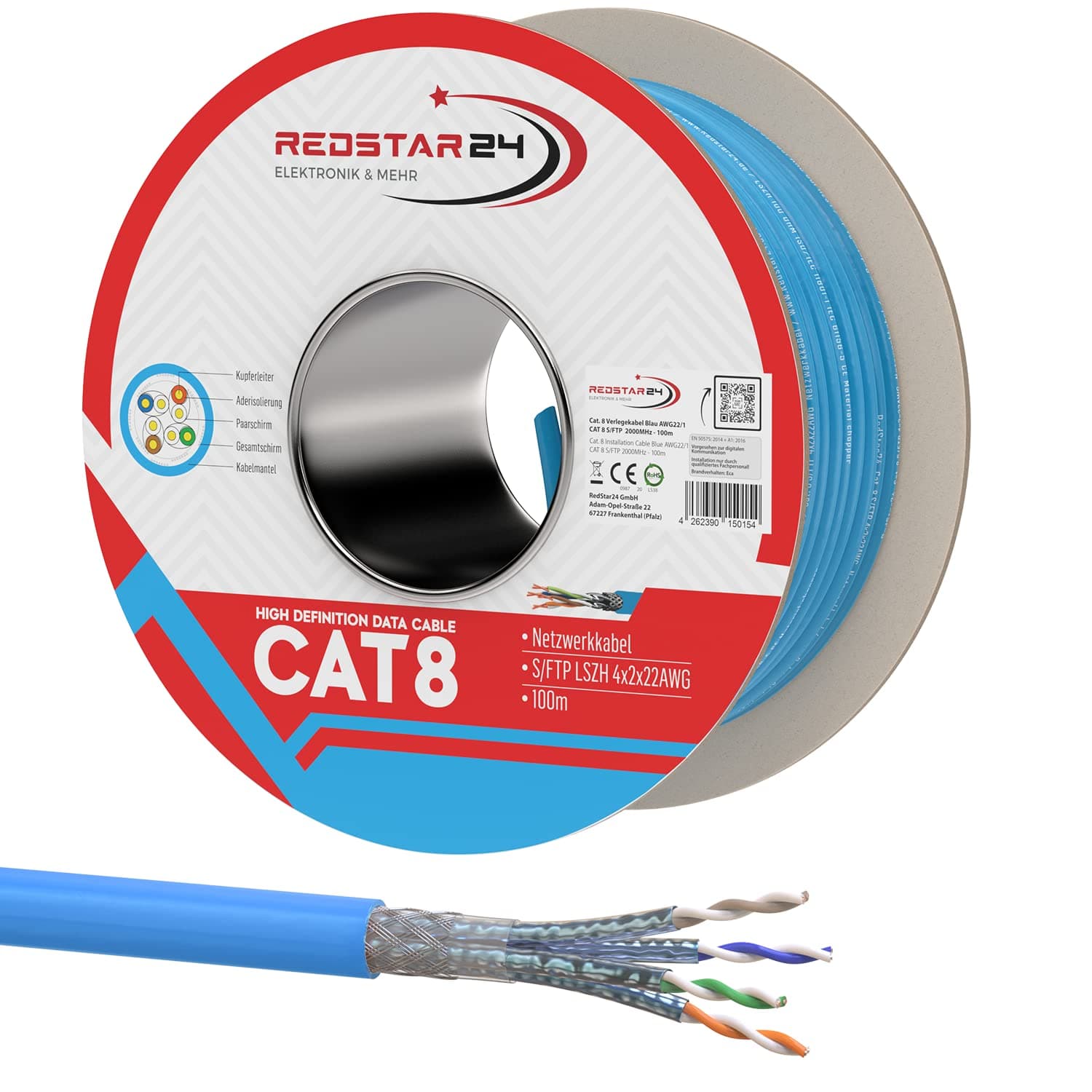 RedStar24 Câble Ethernet CAT 8 100m Bleu - Câble de Réseau CAT8.1 - Câble d'installation LAN sans halogène S/FTP, Transmission jusqu'à 40 Gbit/s, 2000MHz, Câblage de données, Cuivre solide, AWG22