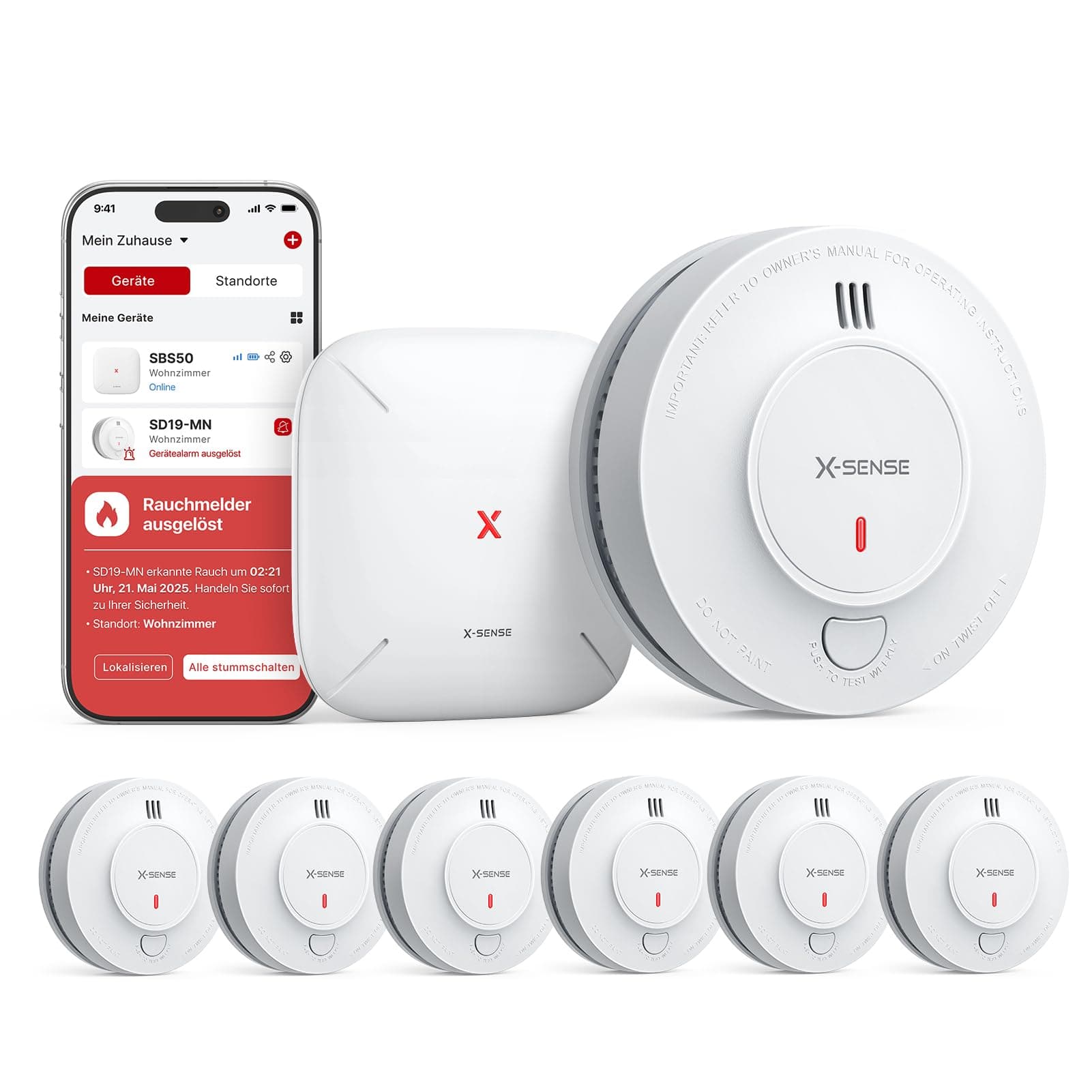X-Sense Smart WLAN-Rauchmelder mit 10-Jahres-Batterie und SBS50 Basisstation, photoelektrischer vernetzbarer Funk-Brandmelder, SD19-MN61, 6 Stück