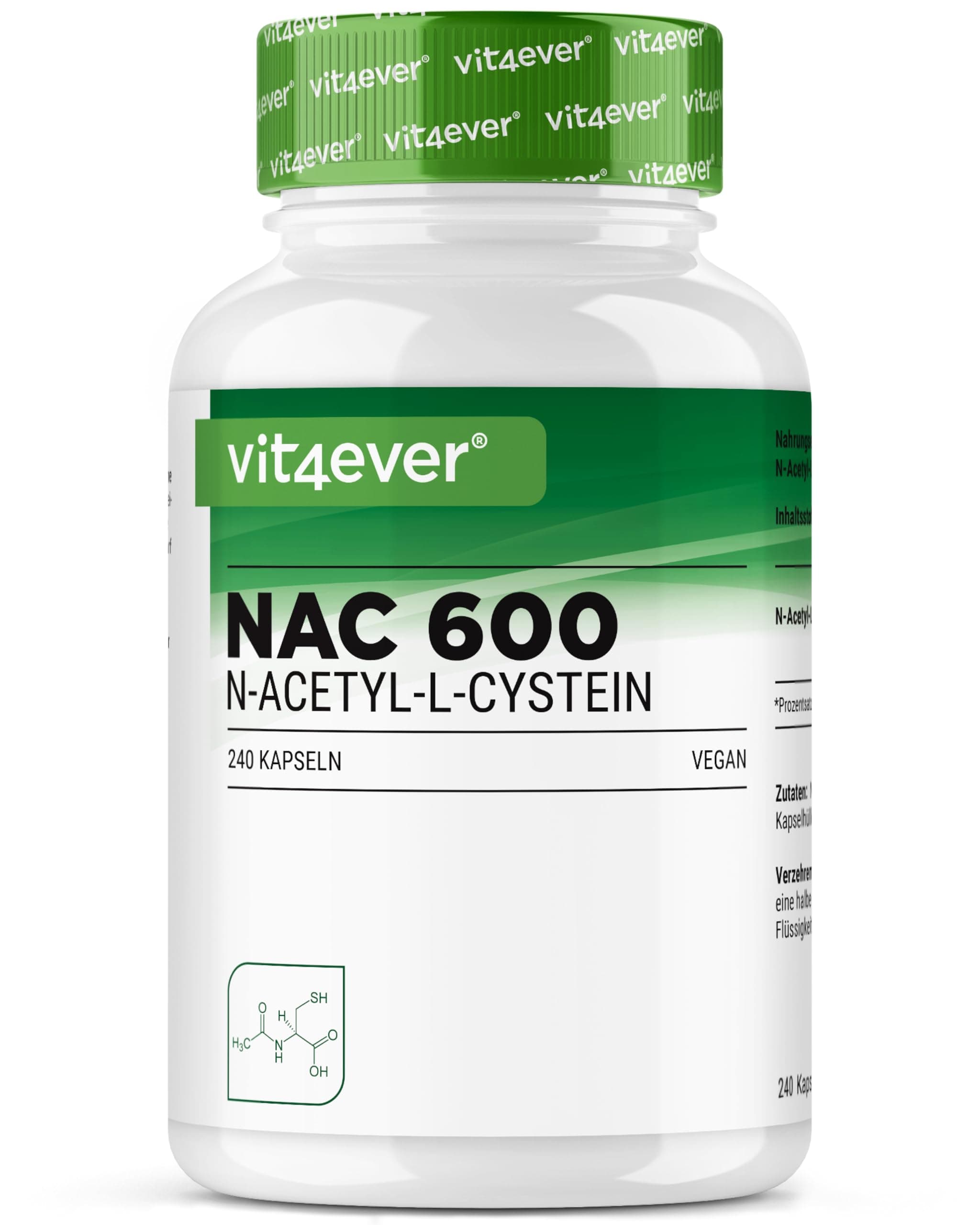 vit4ever NAC - N-Acetyl L-Cystein 240 Kapseln mit je 600 mg - 8 Monatsvorrat - Ohne unnötigen Zusätze - Vegan - Hochdosiert - Premium Qualität