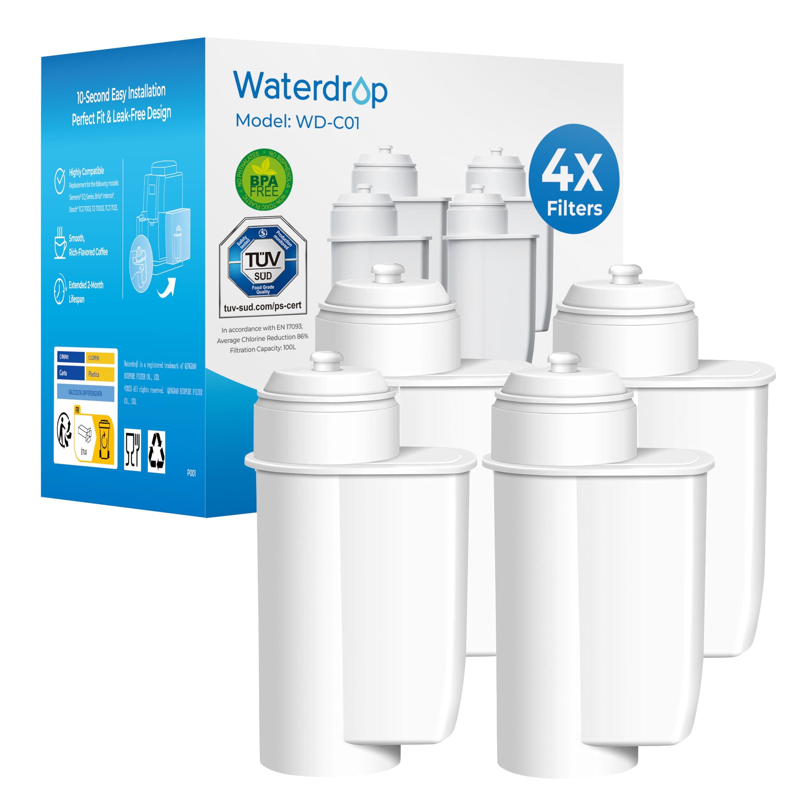 Waterdrop Ersatzwasserfilter für Siemens® EQ Series, EQ5, EQ6, EQ7, EQ9, EQ500, Bosch® TCZ7003, TCZ7033, für Brita® Intenza® 575491, TÜV SÜD Zertifiziert, Pack of 4