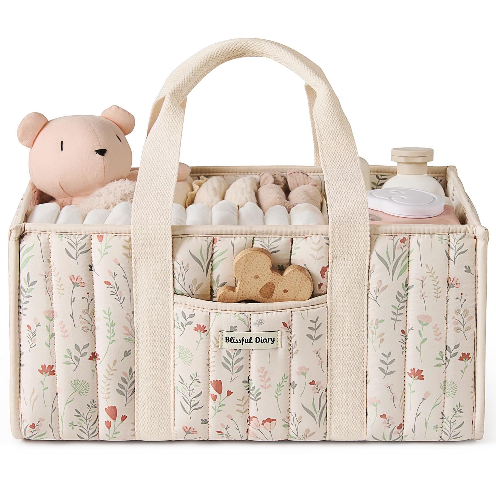 Blissful Diary Panier Rangement Bébé, Organiseur de couches pour Table à Langer, panier de rangement pour couches et lingettes pour bébé, cadeau pour fête prénatale, Fleurs Beiges