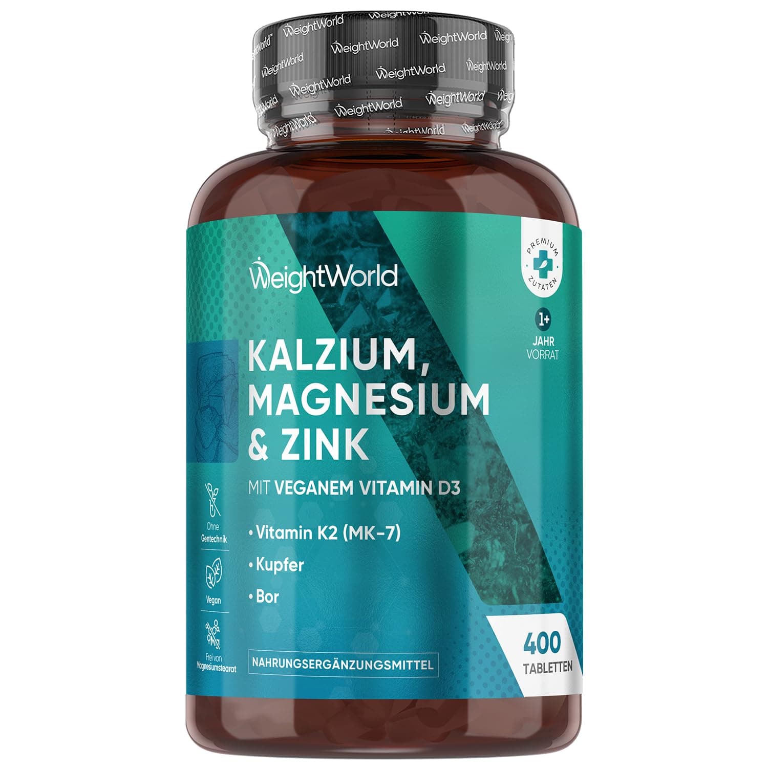 Kalzium Magnesium Zink - 400 Tabletten - 1+ Jahr - 500mg Calcium pro Tagesdosis - 1 vegane Tablette Pro Tag - Mit Mangan, Vitamin D3 K2, Bor, Selen, Kupfer - Frei von Magnesiumstearat - WeightWorld