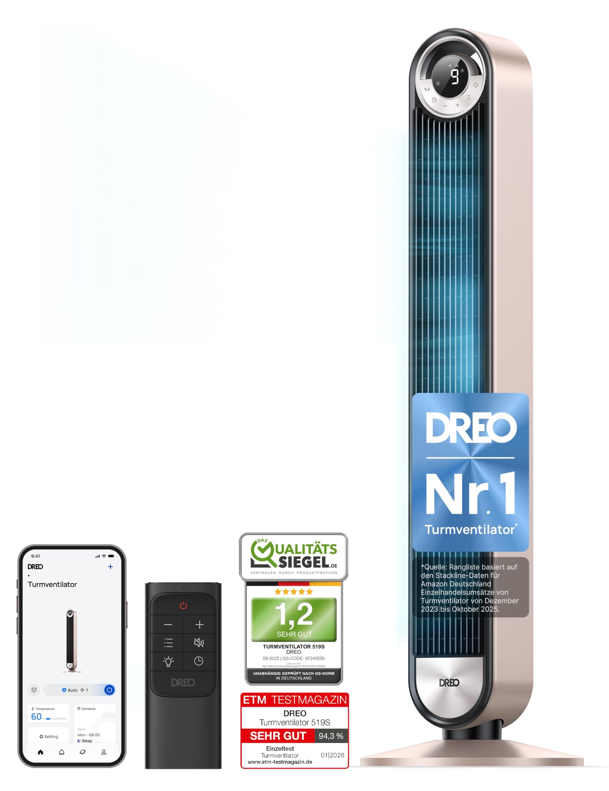 Dreo 25dB Smart Leiser Turmventilator mit Kühlung, 106cm WiFi Alexa Tower Fan, 90grad oszillierender Ventilator, Fernbedienung 9-Geschwindigkeit 4 Modi 12 Std Timer Sprachsteuerung, Sternenlicht