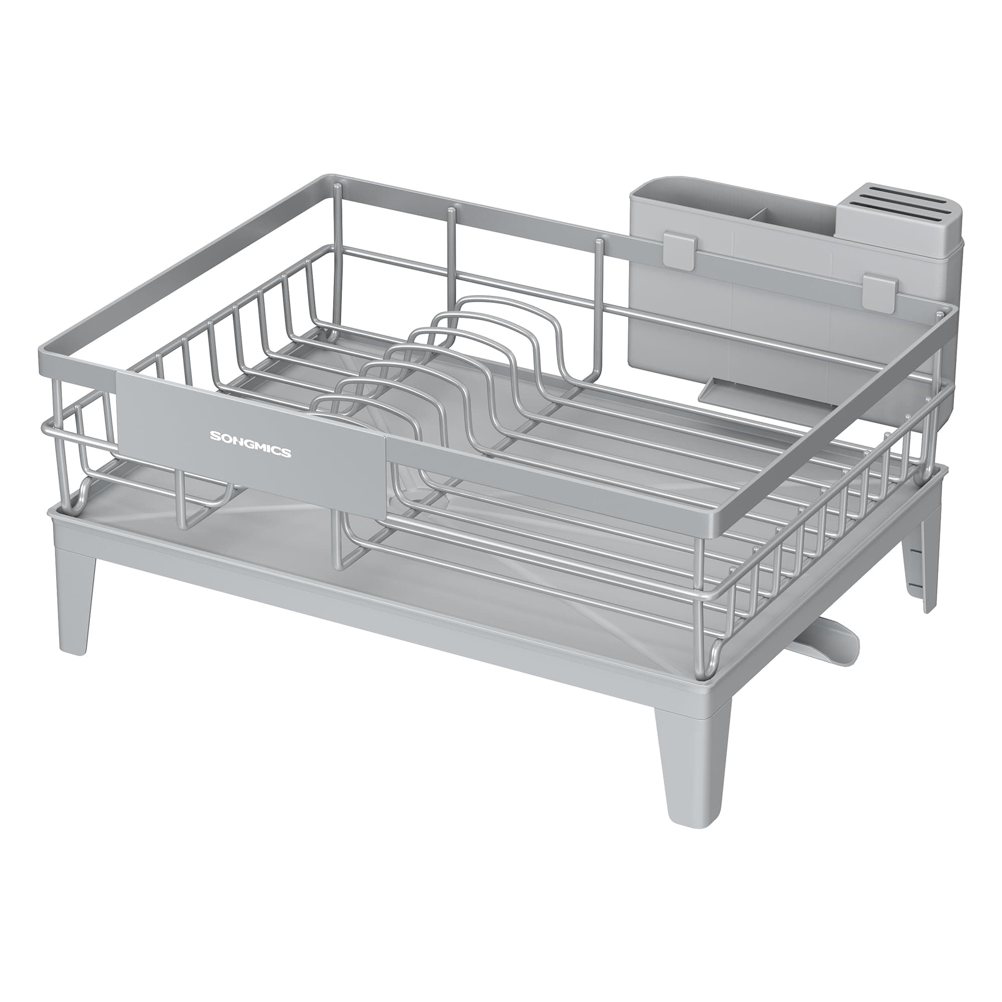 SONGMICS Abtropfgestell Geschirr, Geschirr-Abtropfständer, 360° drehbarer und ausziehbarer Ablauf, Abtropfschale, Besteckhalter, Küche, 31 x 42 x 18,5 cm, Taubengrau KCS550G01