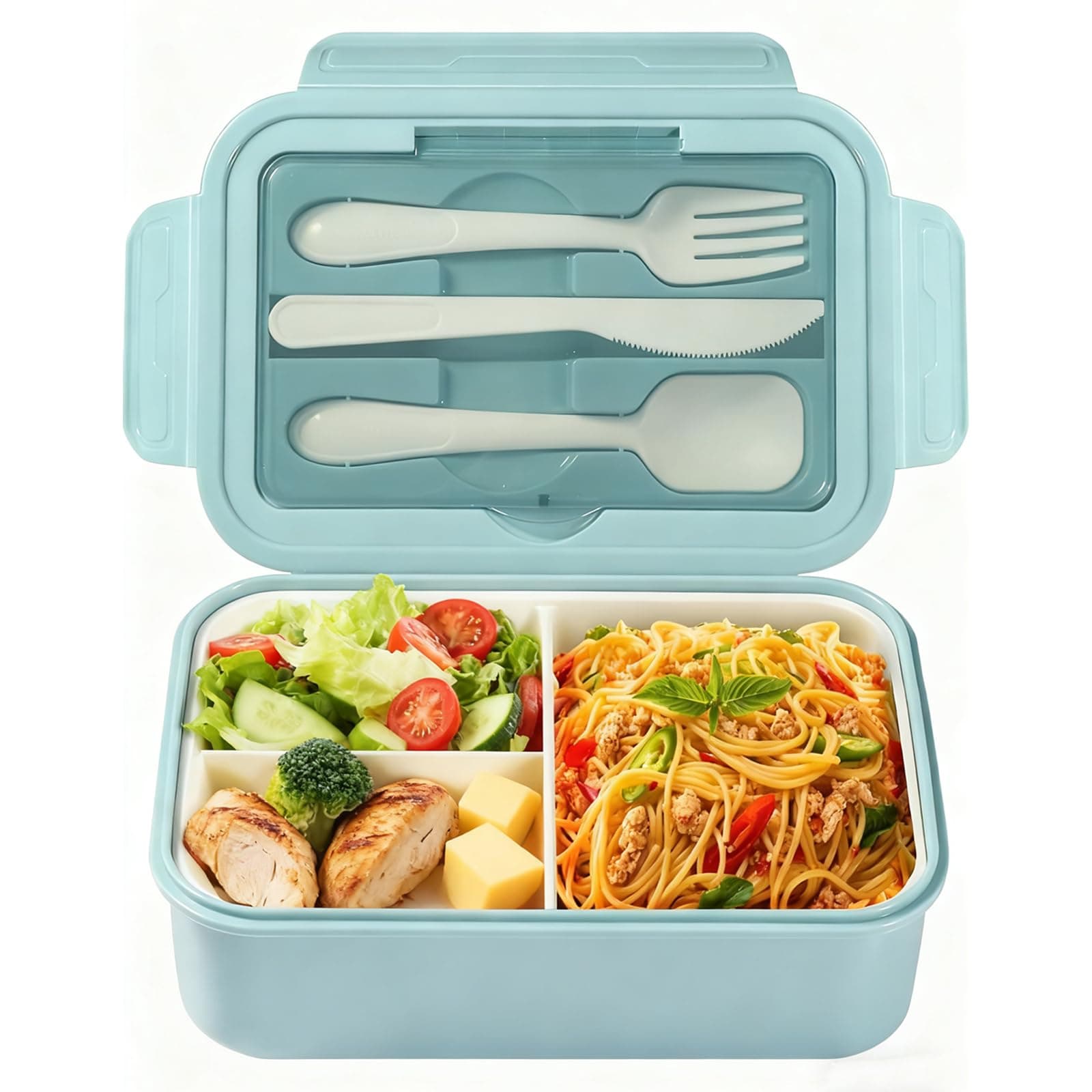 Diboniur Porta Pranzo, 1400ml Lunch Box con Posate, Schiscetta Pranzo Bambino Adulto Bento Box con 3 Scomparti, Schiscetta Contenitore Ermetico per Microonde Ufficio Lavoro Picnic (Azzurro)