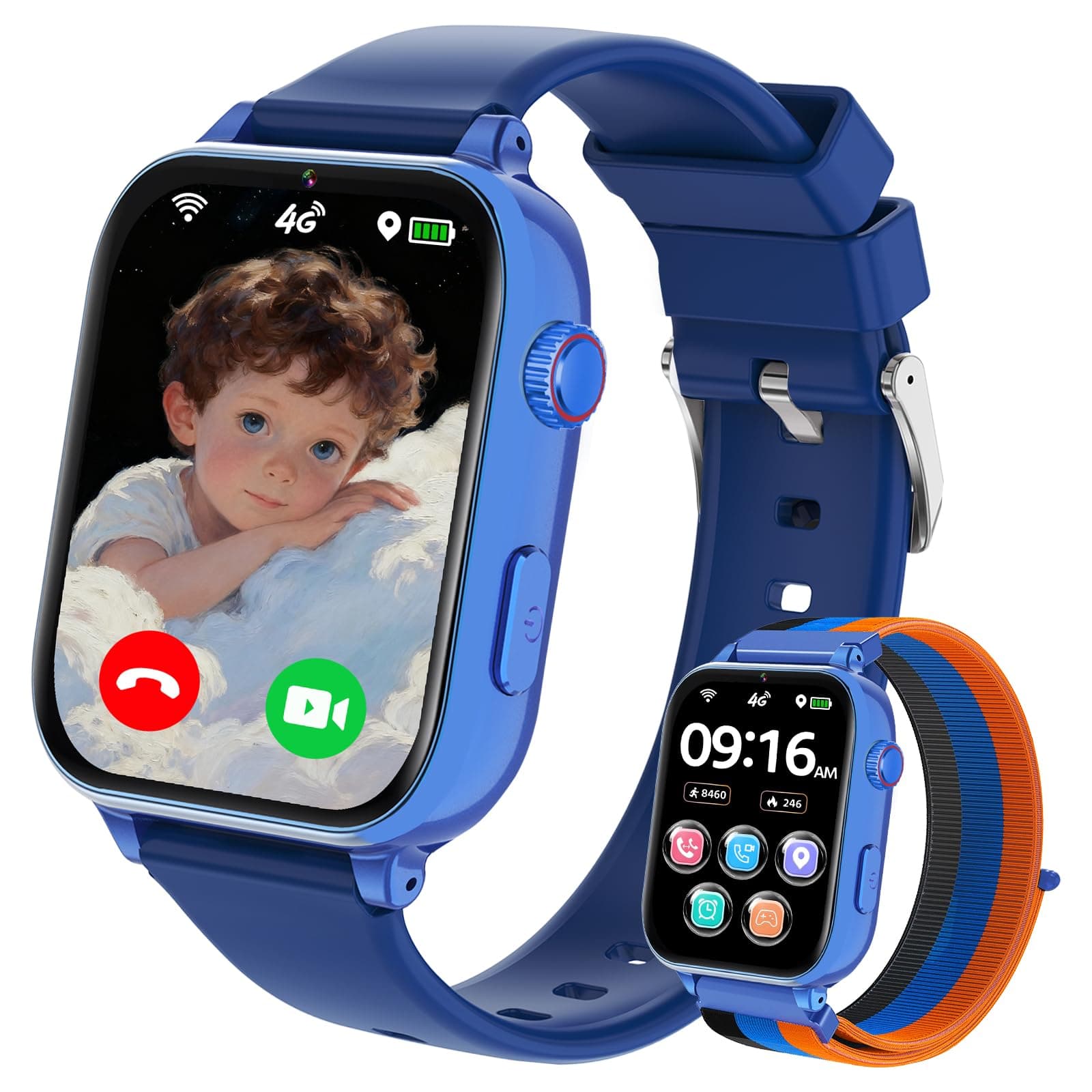 Reloj Inteligente Niño con GPS y Llamadas, 4G Smartwatch Niños Niña con Telefono, SOS, Chat de Voz, Videollamada, Modo Clase, Cámara, Podómetro, Reloj Infantil Niño Niña de 4 a 10 11 12 Años, Azul