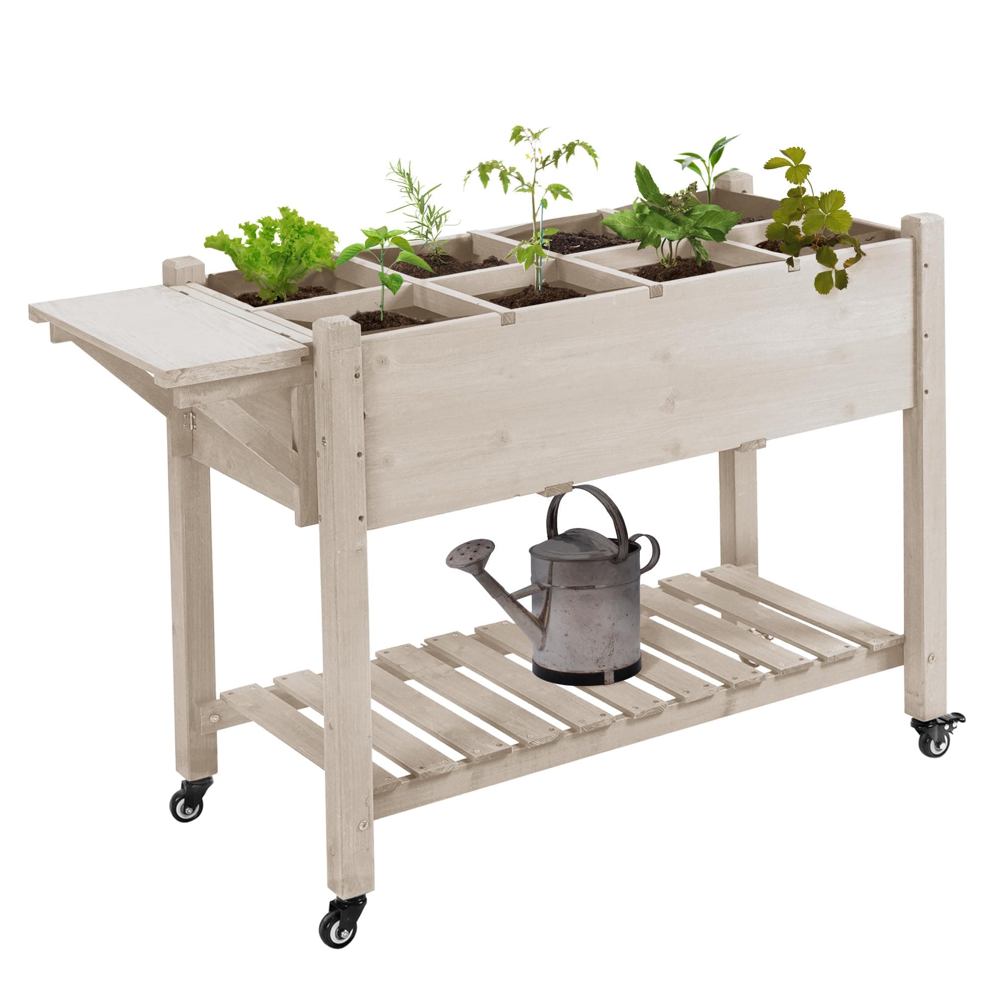 Outsunny Jardinière sur Pied - Potager sur roulettes - étagère, Tablette Rabattable, Inserts d'irrigation, Feutre de Drainage Inclus - Bois Sapin pré-huilé dim. 123L x 54l x 87H cm