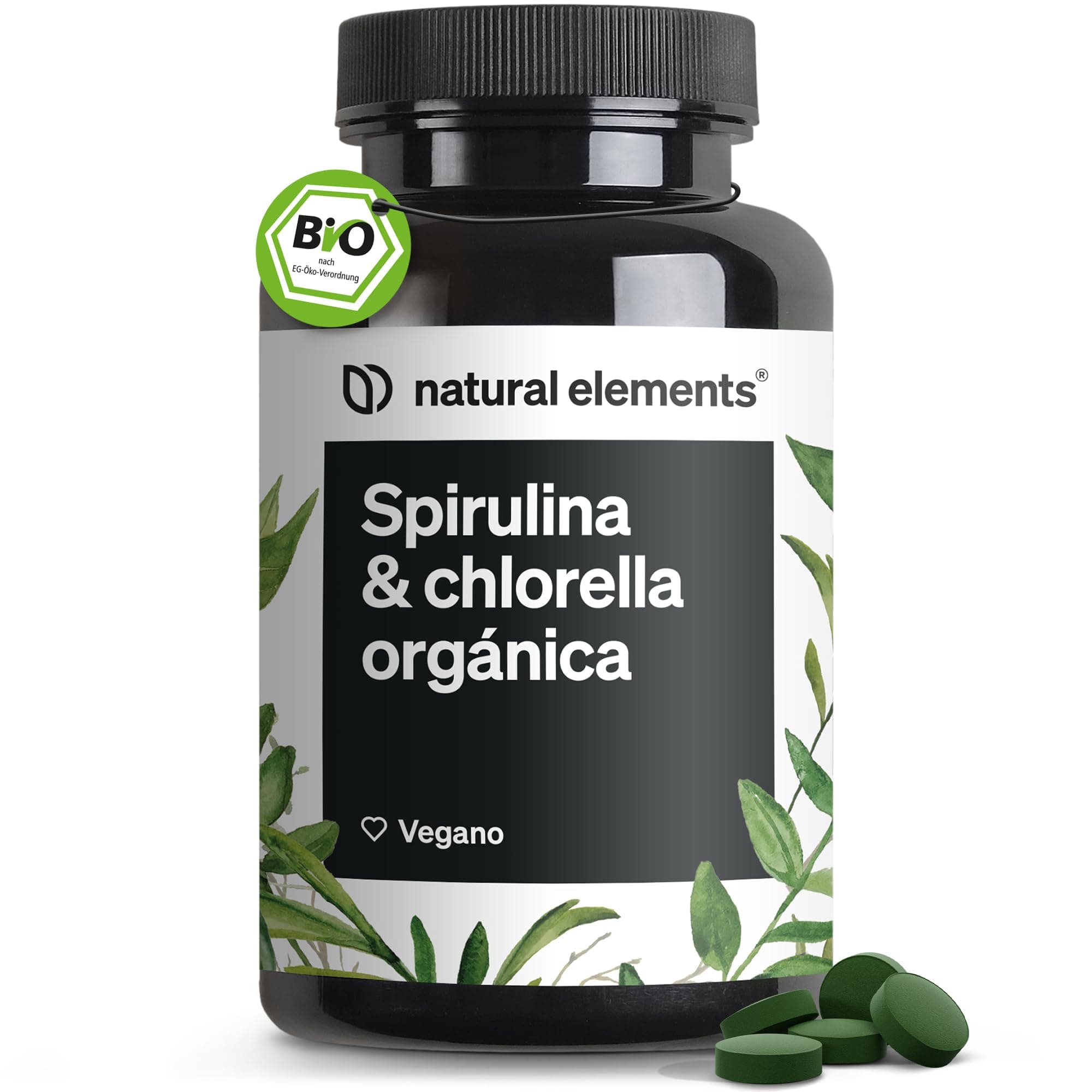 Espirulina y Chlorella Ecológicas 4.800mg - 500 comprimidos para 125 días - Producto con certificado ecológico - Vegano y probado en laboratorio en Alemania