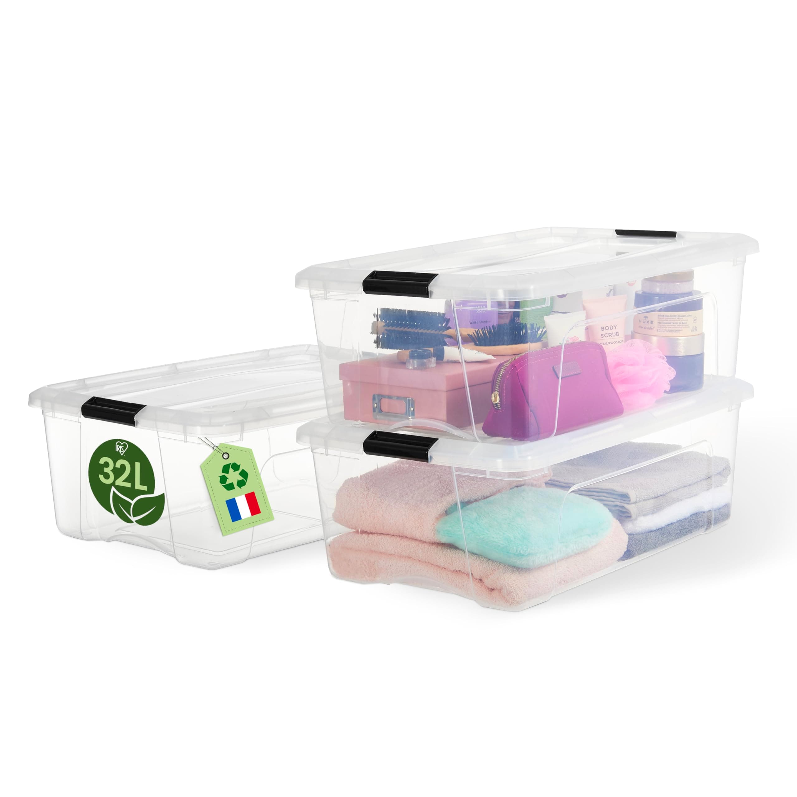 Iris Ohyama, Kunststoff-Aufbewahrungsbox mit Deckel, 32L, 3er-Set, Transparent, 98% recycelter Kunststoff, Verschlussclips, Griff, Stapelbar, für Schlafzimmer, Ankleidezimmer, Büro, BPA-frei, BSB-32