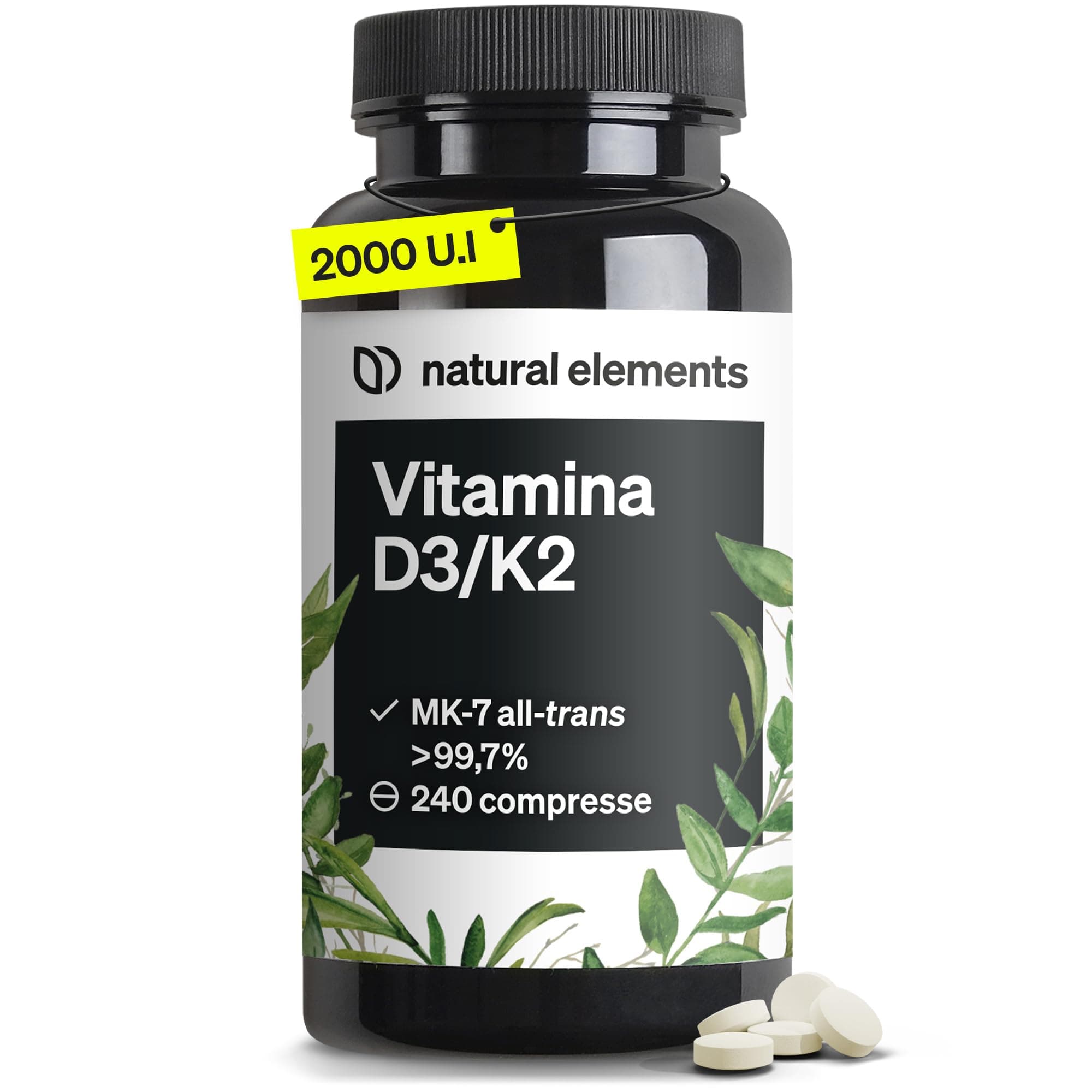 Vitamina D3 + K2 – MK-7 all-trans >99,7% e vitamina D3 2.000 U.I. – 240 compresse – ad alto dosaggio, elevata biodisponibilità – senza additivi inutili