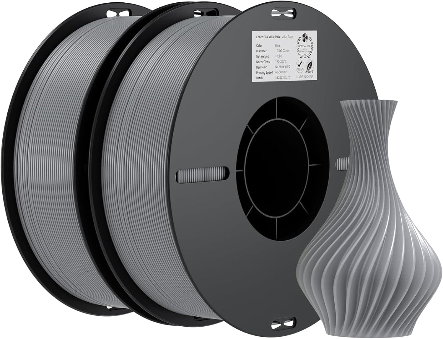 Creality Ender PLA Filament 1,75mm, Grau, 2er-Pack 1kg Spulen, Maßgenauigkeit ±0,03mm, PLA Filament für 3D-Drucker, kompatibel mit FFF Druckern, hohe Druckqualität