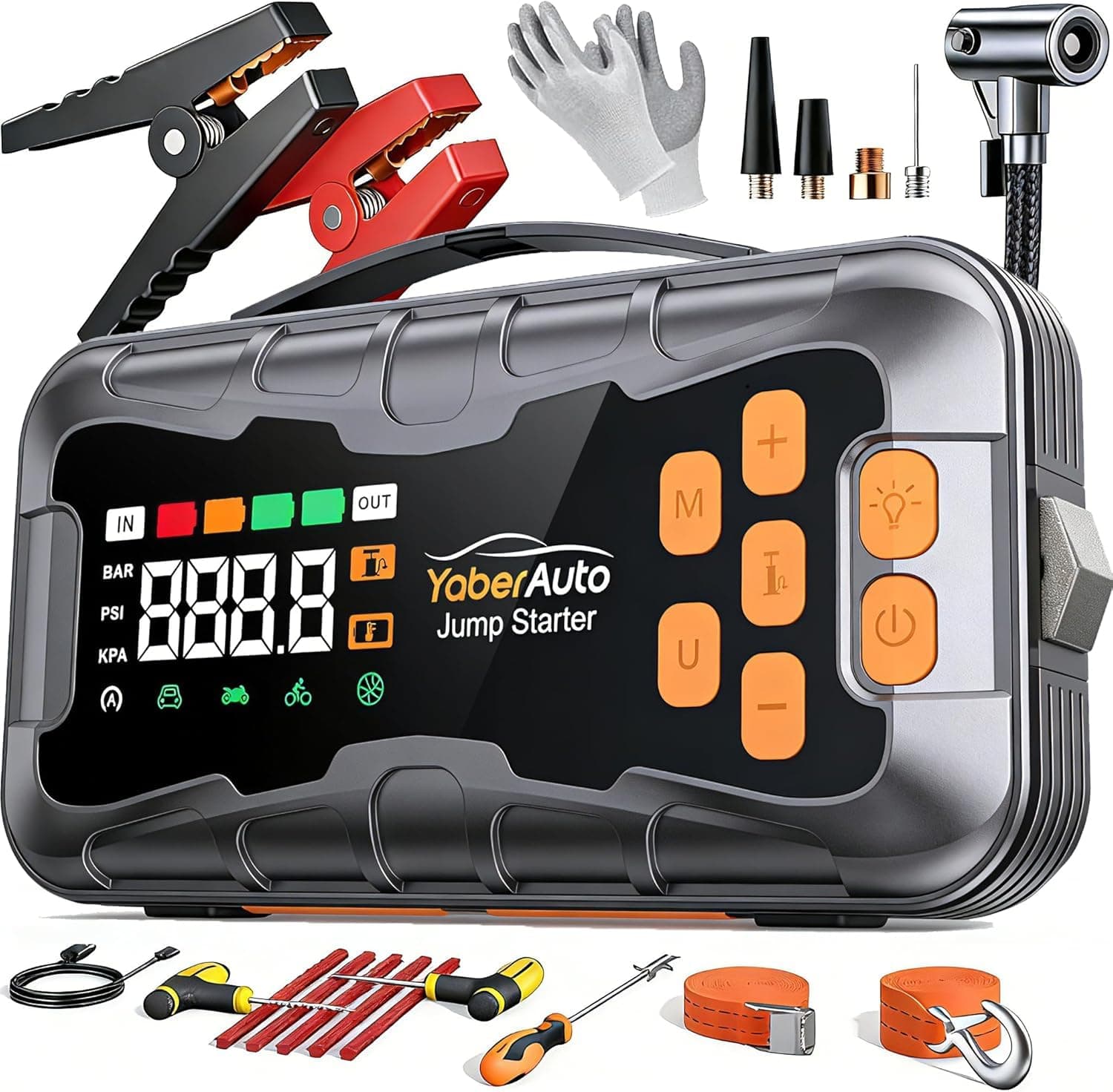 16-In-1 Avviatore Batteria Auto con Compressore 160PSI 8000A 27000mAh, Tutto Gas/14.0L Diesel Avviatore Emergenza per Auto/Moto 12V, YaberAuto Booster Avviamento Portatile Starter Batteria