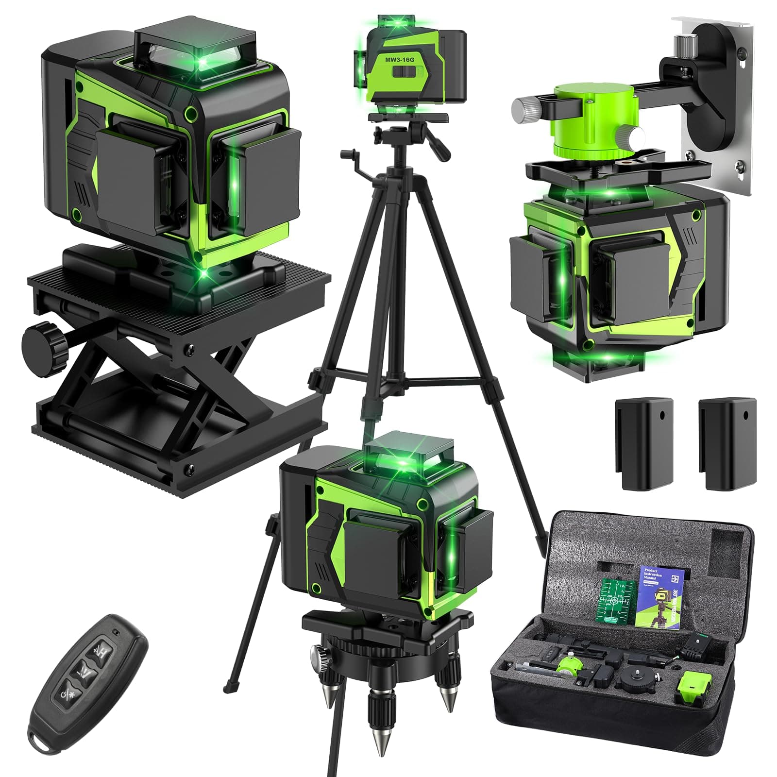 Niveau Laser Chantier Autonivelant 360° x 4 Avec trépied, Lazer Niveaux 4D 16 Lignes Laser, Mode Impulsion ExtéRieur, 2 x Batterie, Nivellement Automatique, Support Rotatif, Télécommande