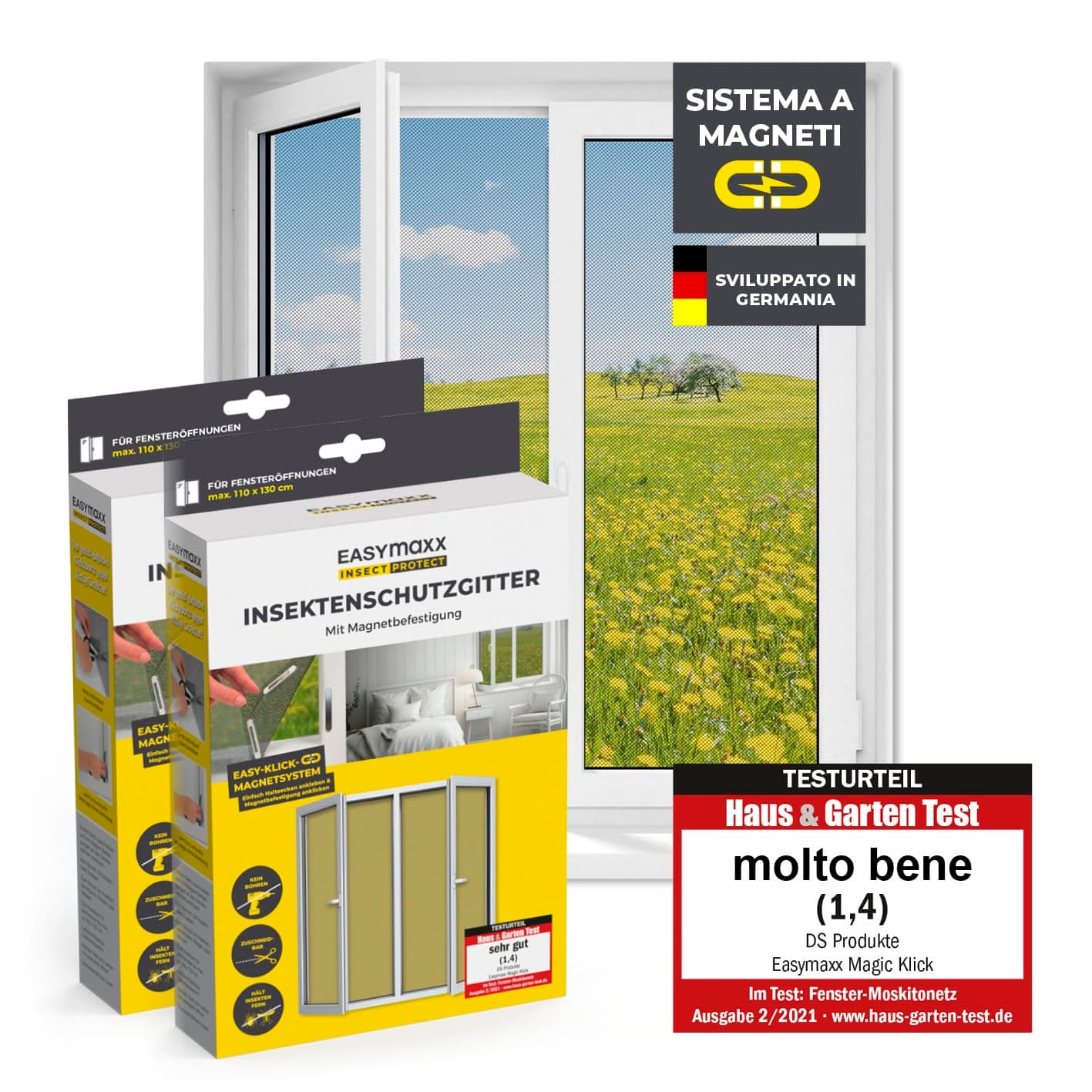 EASYmaxx Zanzariera per finestre con Magic Click | Tagliata individualmente su misura per tutte le finestre fino a 110 x 130 cm | Facile installazione con 12 magneti - senza forare o avvitare 2 Pezzi