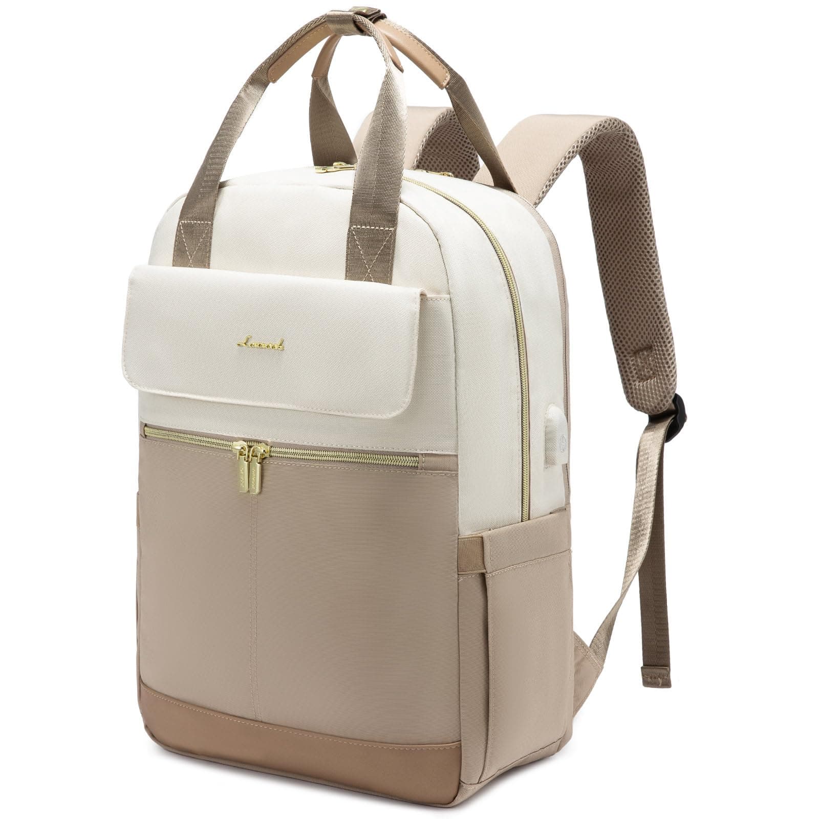 LOVEVOOK Rucksack Damen, 15,6 Zoll Laptop Schulrucksack Teenager Mädchen mit Laptopfach, Wasserdicht Reiserucksack Arbeitstasche Daypack, Schultasche Backpack Women Elegant für Uni Reise Büro, Beige