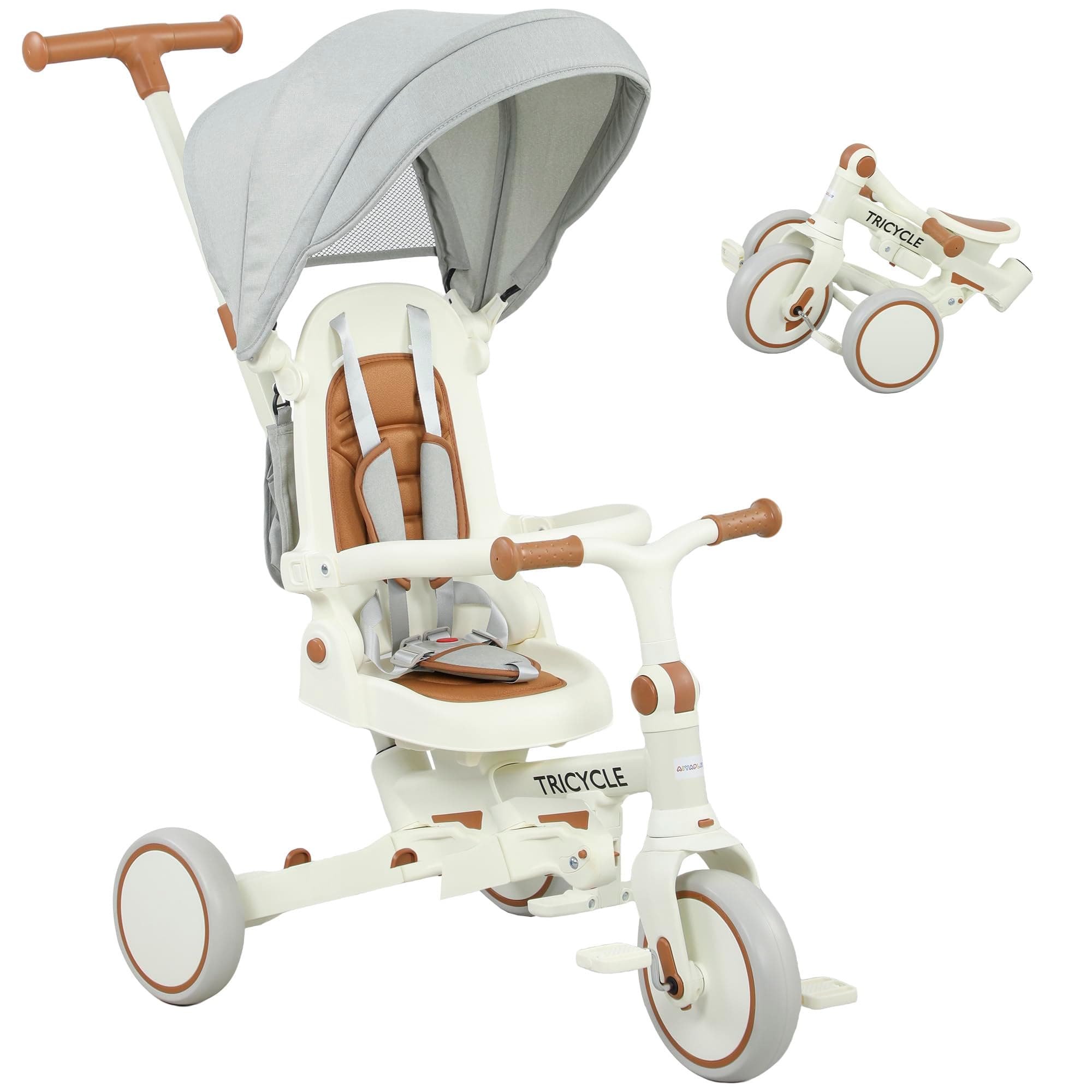 AIYAPLAY Tricycle bébé évolutif 5 en 1, Tricycle Enfant Pliable avec poignée parentale réglable, Capote Amovible, Harnais de sécurité 5 Points, Repose-Pieds, Sac de Rangement, pour 1-3 Ans, crème